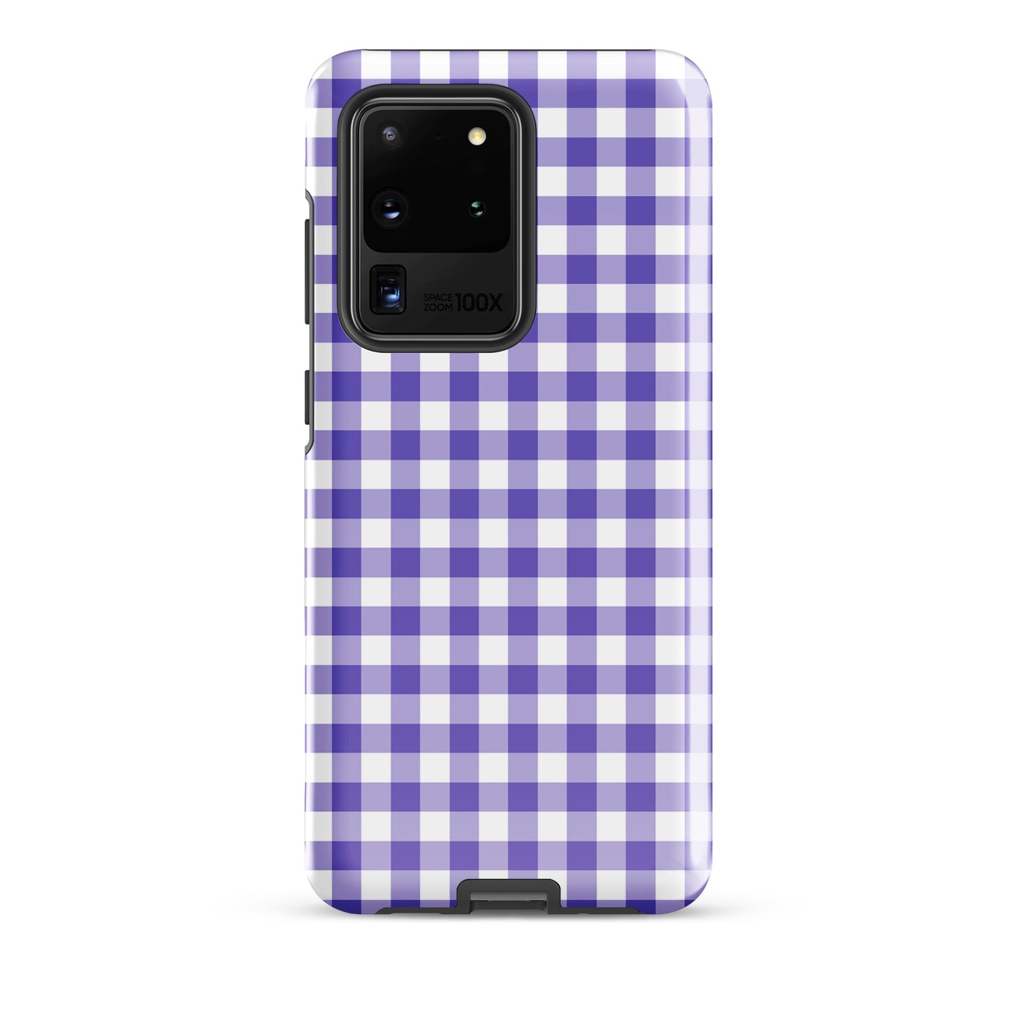 Phone case for Samsung Galaxy with purple and white gingham pattern, blending style and protection.
