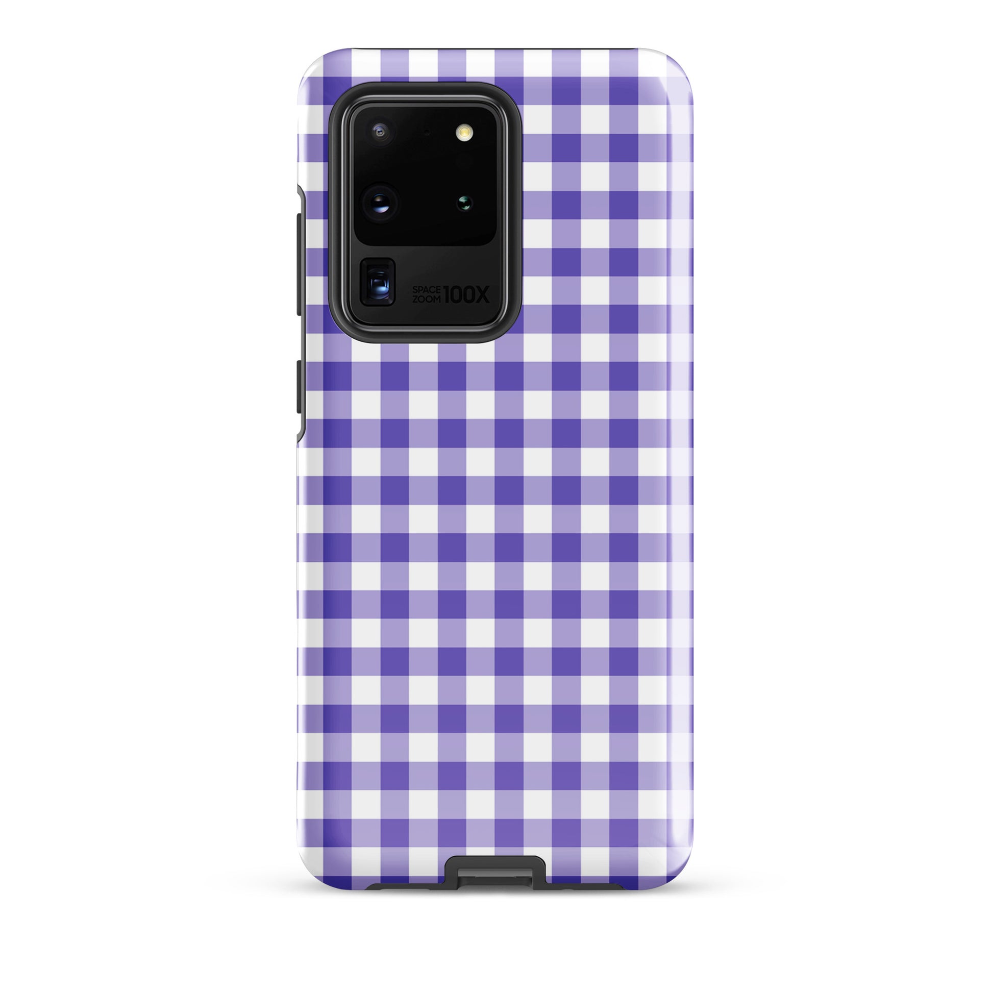 Phone case for Samsung Galaxy with purple and white gingham pattern, blending style and protection.