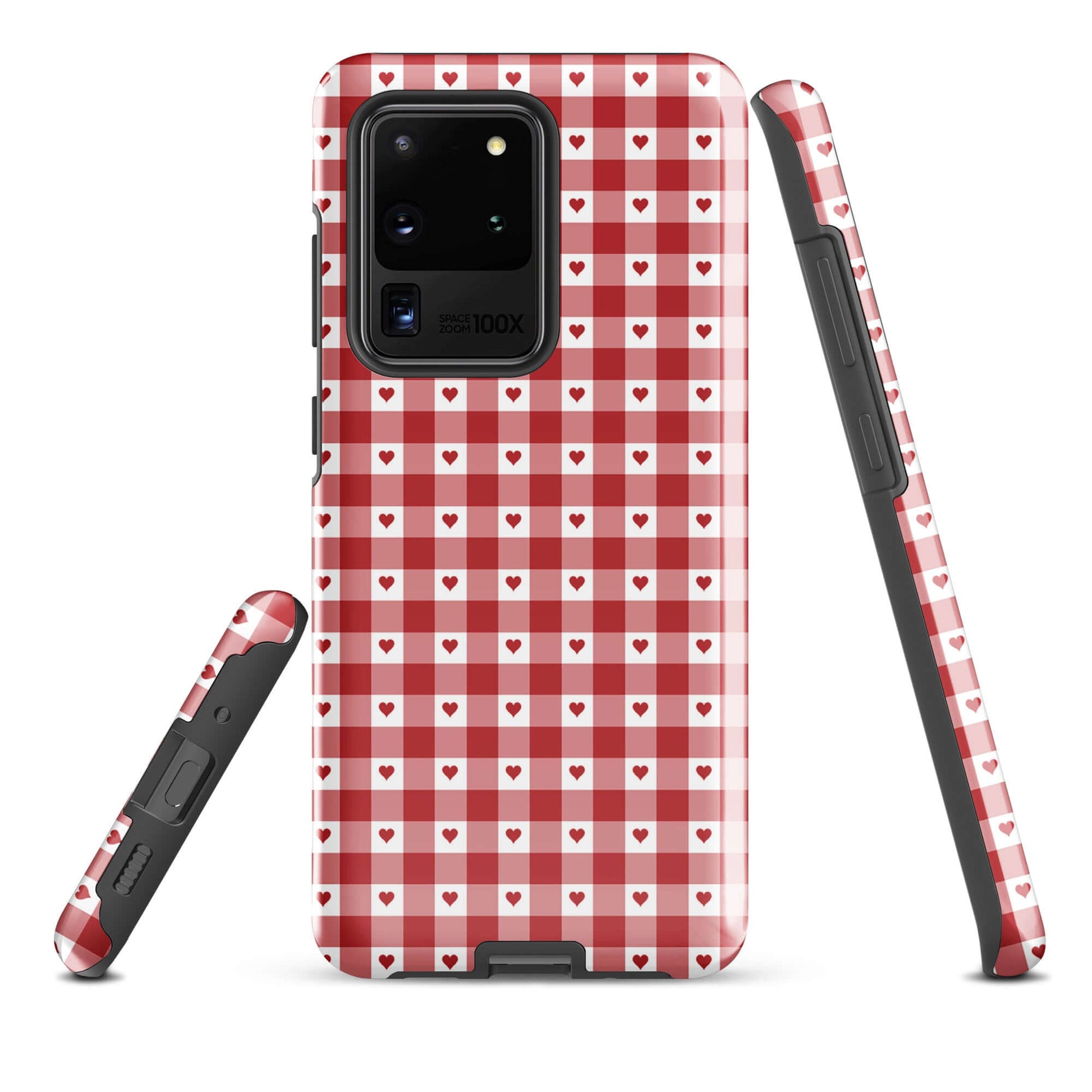 Phone Case for Samsung Galaxy featuring red and white gingham heart pattern, offering stylish protection and luxury.
