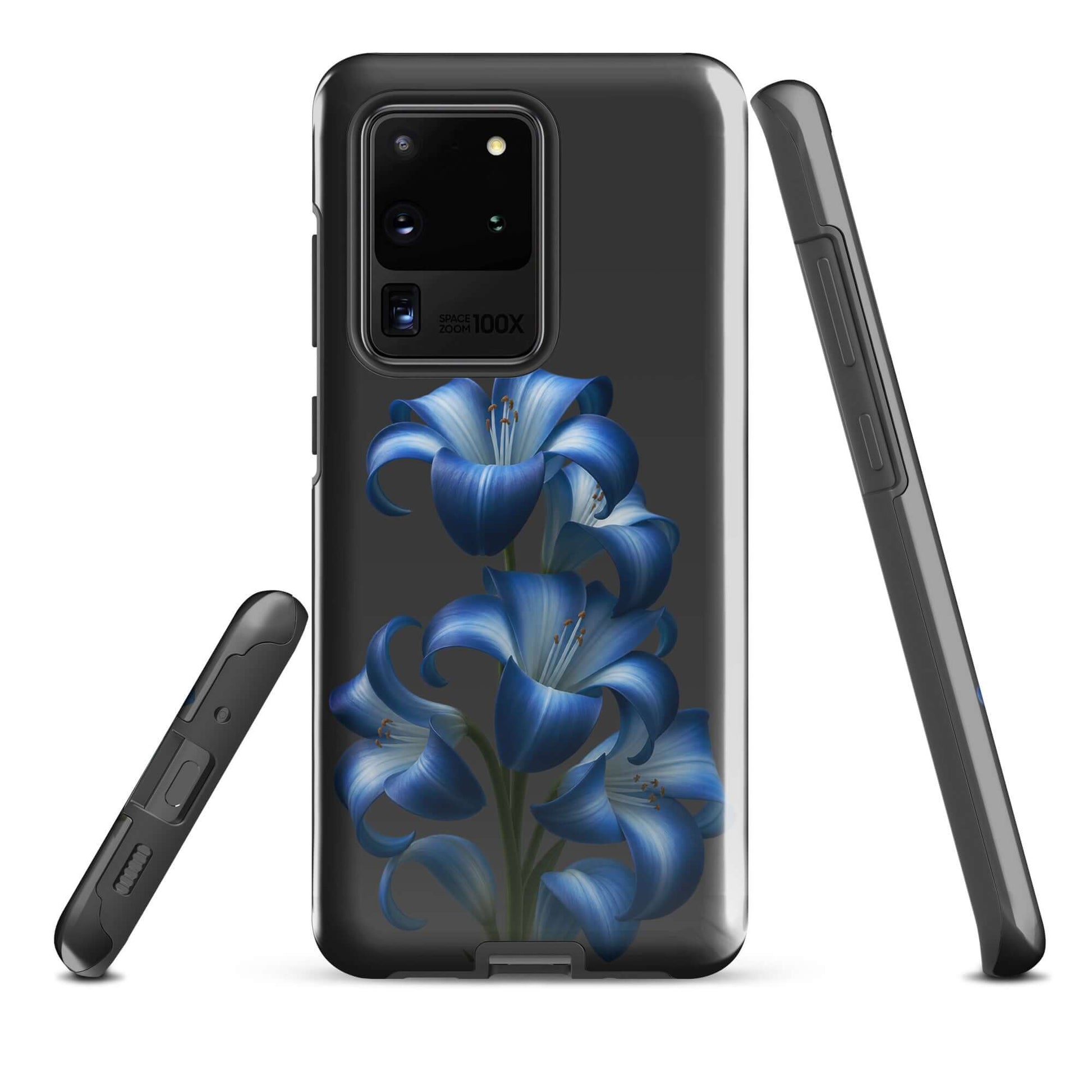 Phone Case for Samsung Galaxy with Blue Lily Bloom Art on a sleek dark backdrop