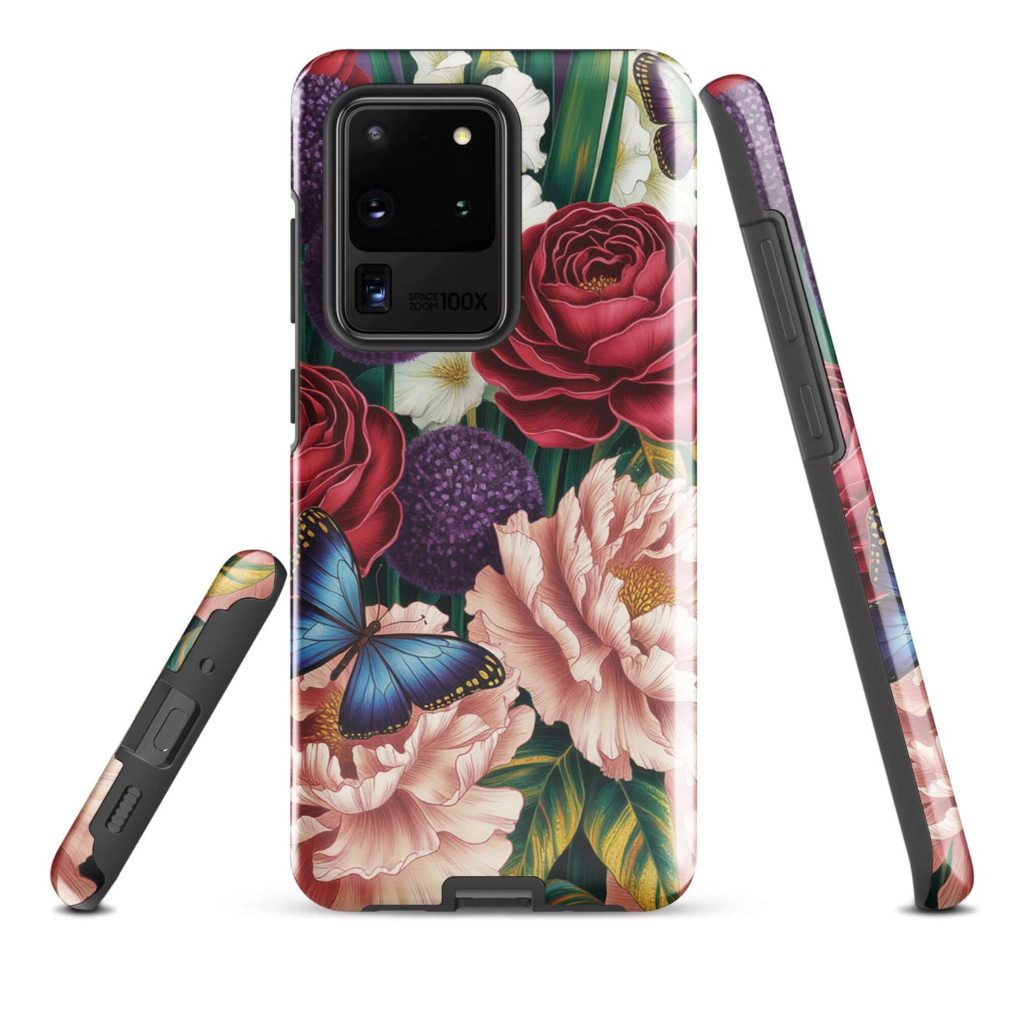 Phone Case for Samsung Galaxy with botanical garden bloom design, featuring roses, peonies, alliums, and blue butterflies.