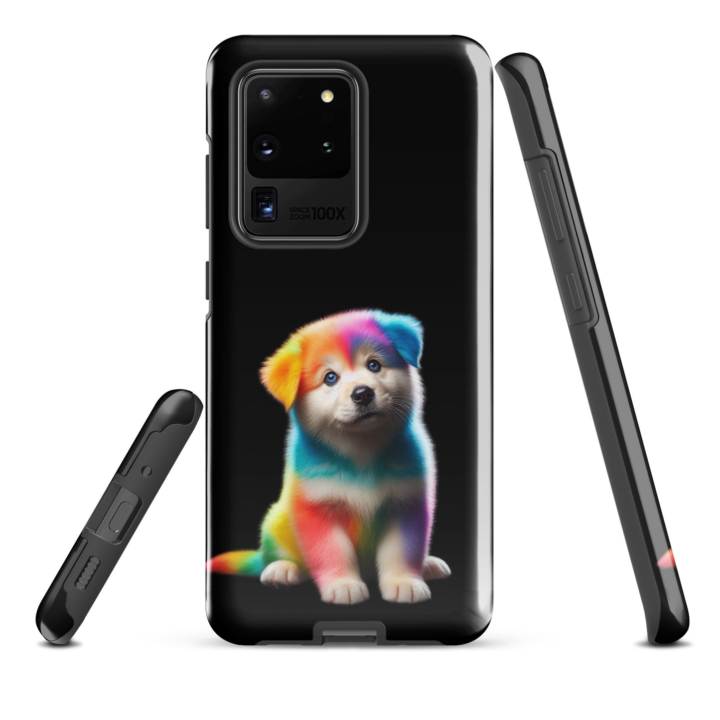 Phone Case for Samsung Galaxy featuring a rainbow puppy design on a dark night sky, combining protection with playful cosmic art.