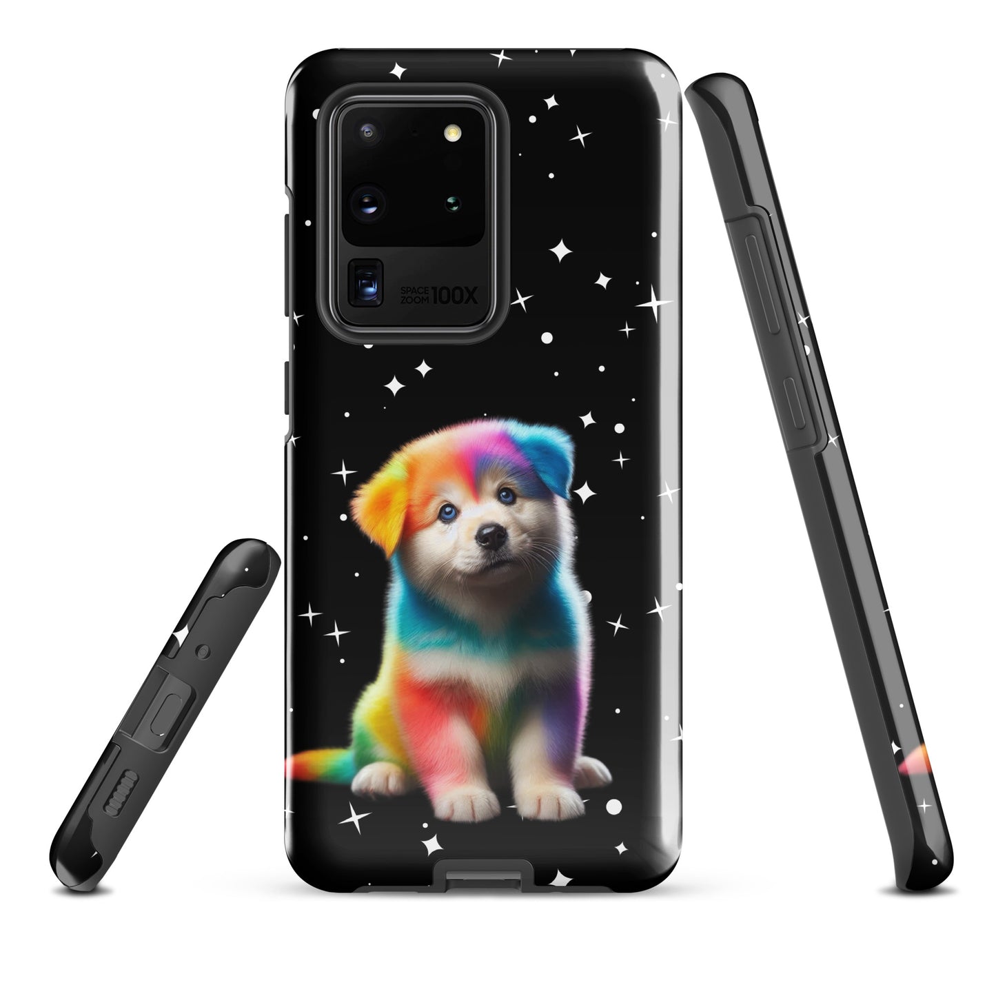 Phone Case for Samsung Galaxy featuring a rainbow puppy and starry night design, blending cosmic art and reliable device protection.