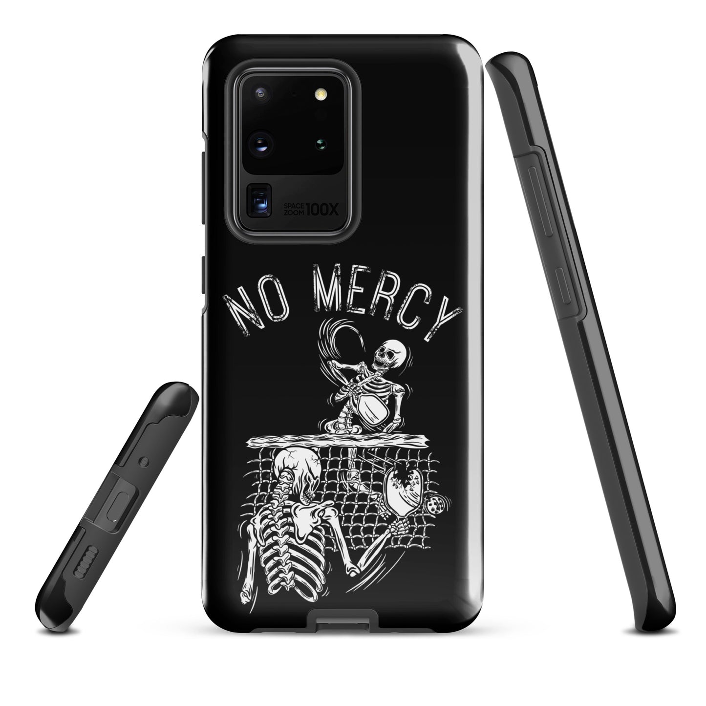 Pickleball Samsung Galaxy Case with 'No Mercy' design featuring skeletons playing pickleball, aggressive style, black color case.
