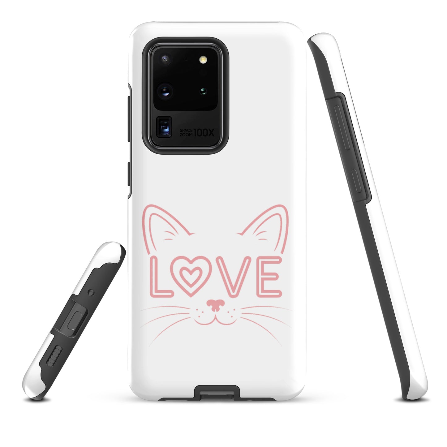 Cat Love phone case for Samsung Galaxy featuring minimalist cat face and 'love' design in pink.