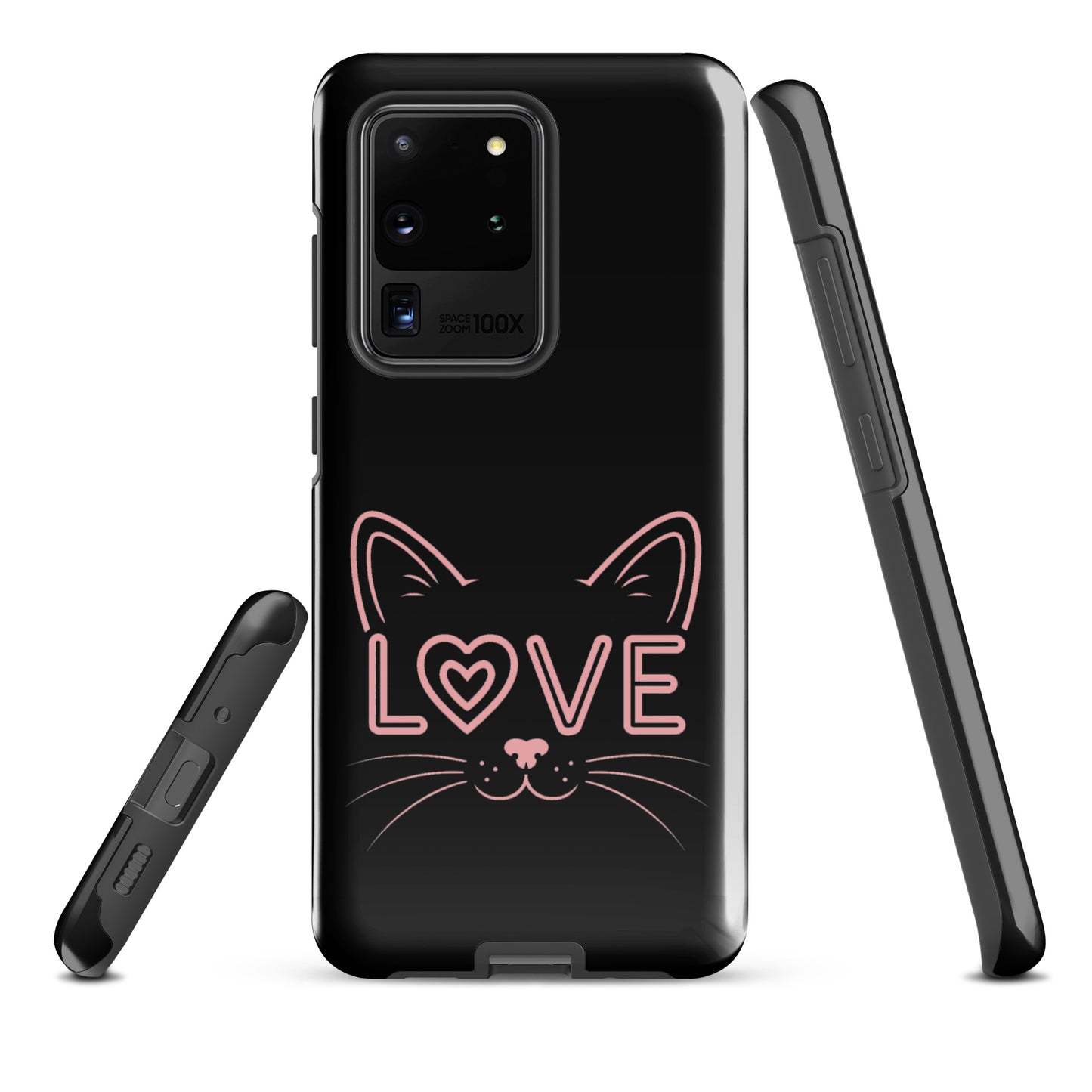 Cat Love phone case for Samsung Galaxy featuring cute cat face design with 'LOVE' text, sleek black and pink stylish protection.