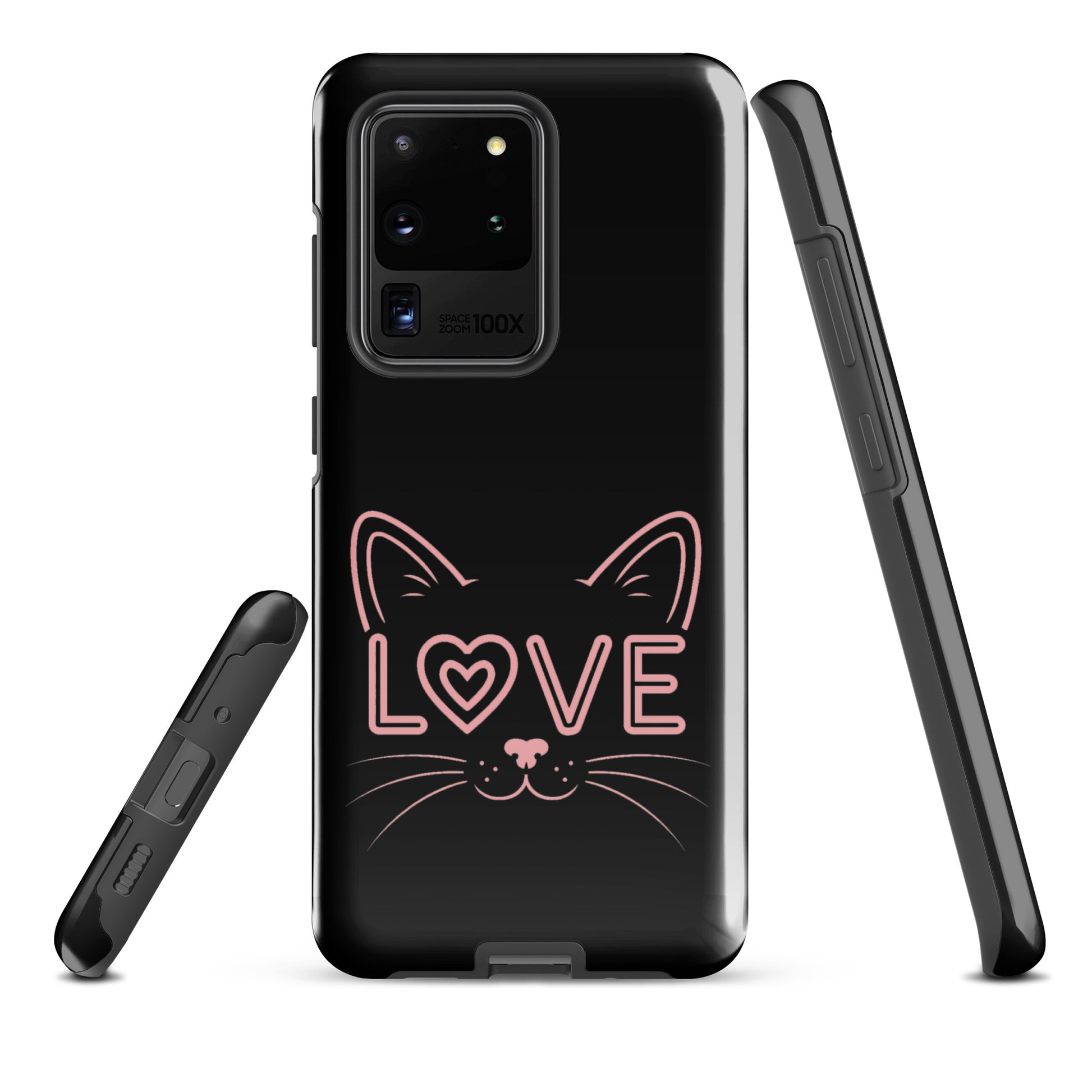 Cat Love phone case for Samsung Galaxy featuring cute cat face design with 'LOVE' text, sleek black and pink stylish protection.