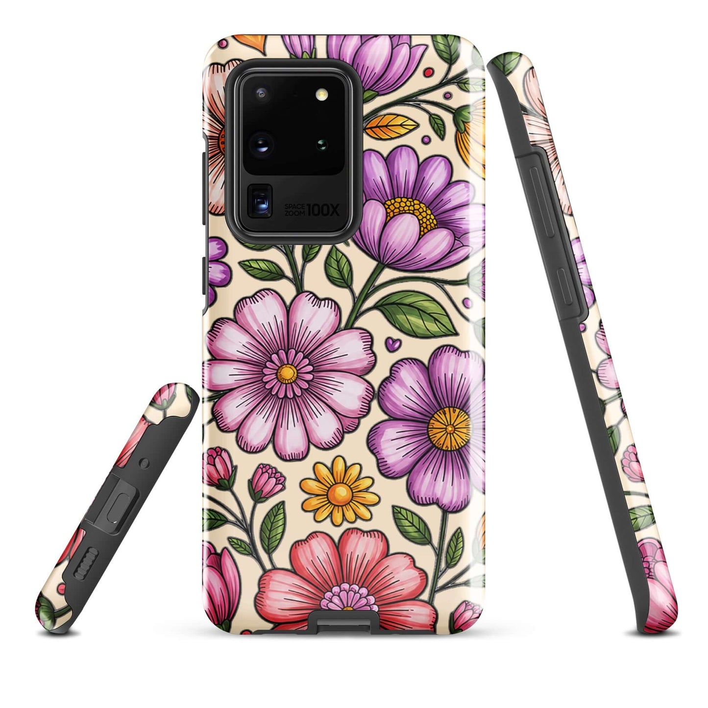 Phone Case for Samsung Galaxy with pastel floral design, featuring pink, peach, lavender, and yellow flowers on a durable shell.