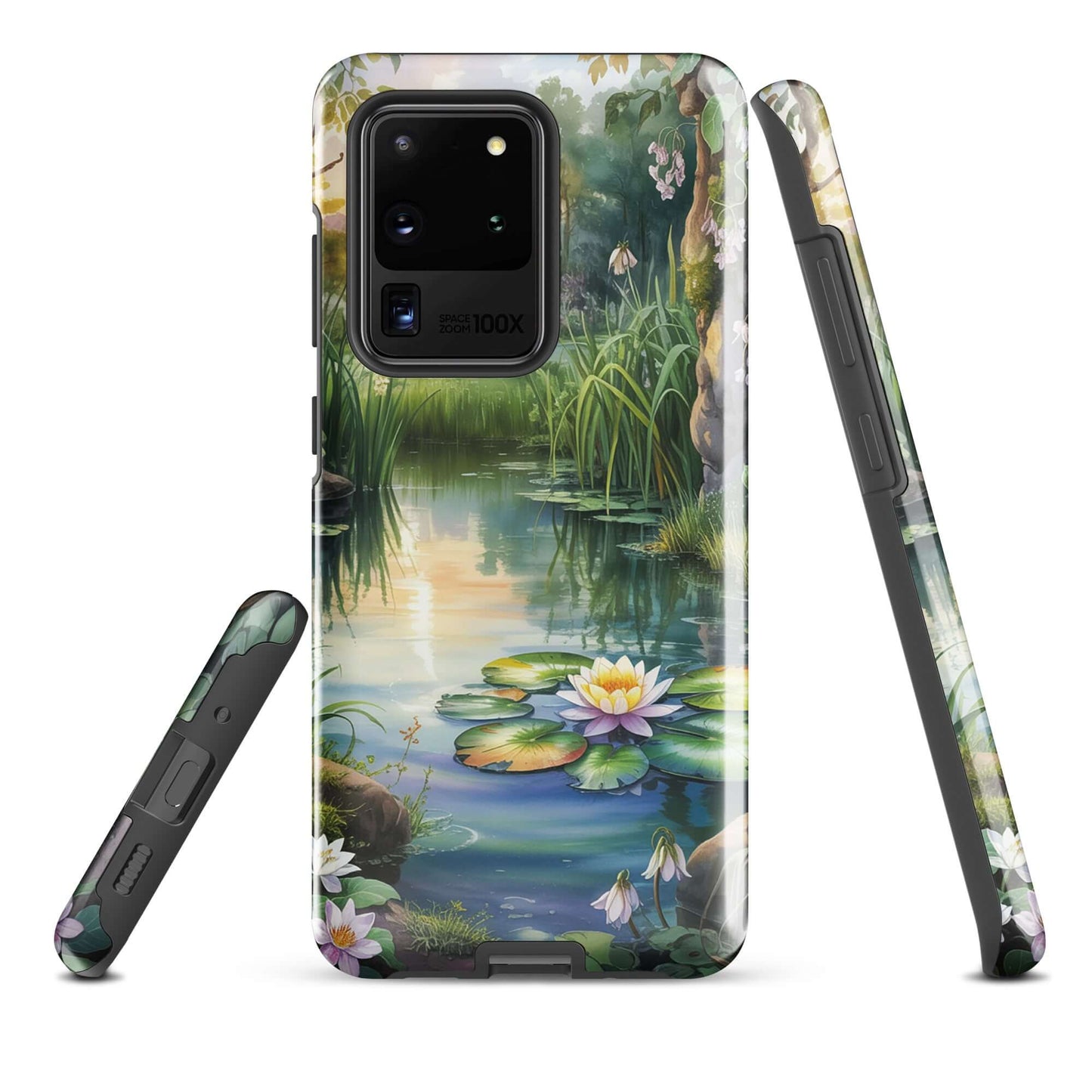 Phone Case for Samsung Galaxy featuring enchanted pond design with water lilies and sunset glow, offering a tranquil, storybook escape.