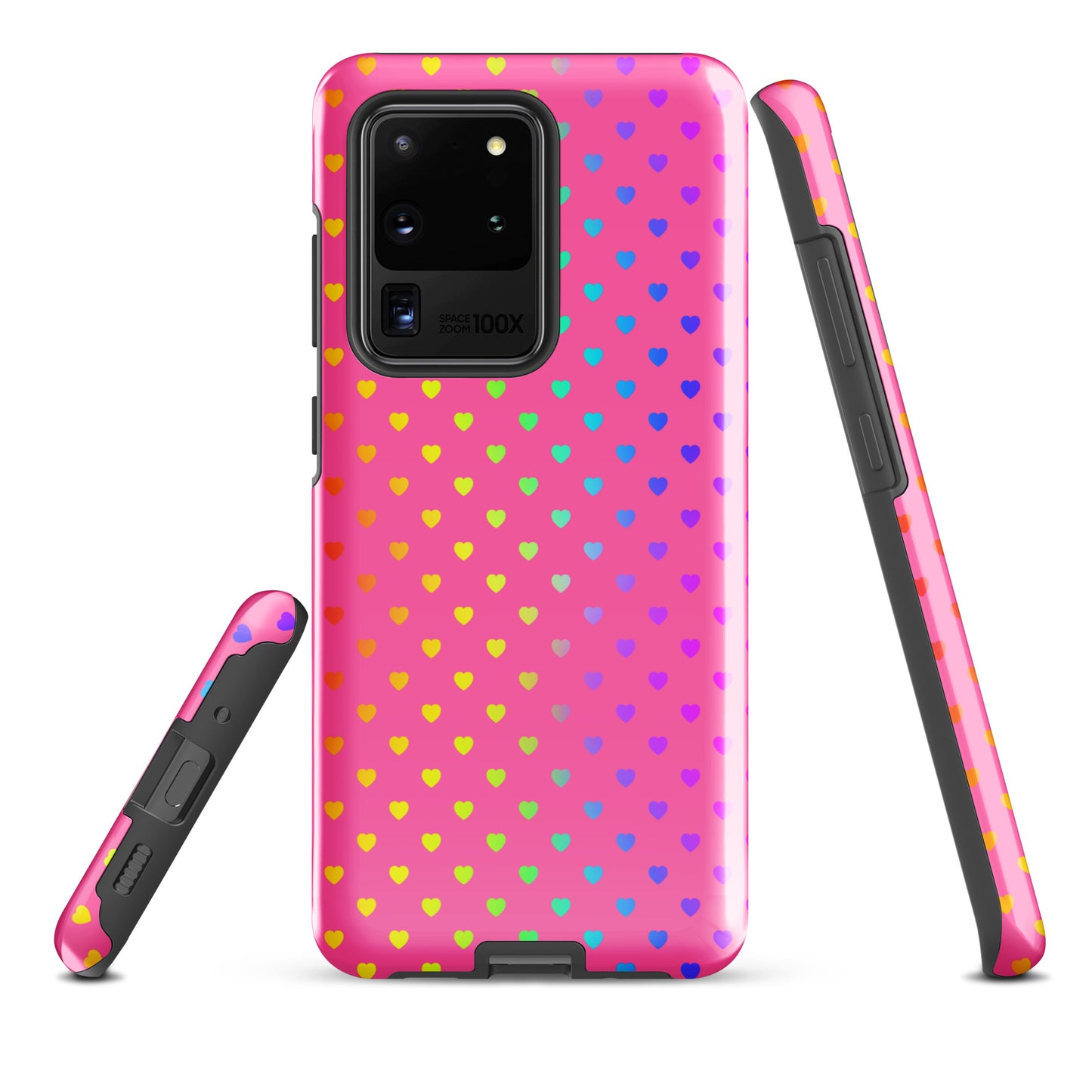 phone case for Samsung Galaxy with cute rainbow hearts on pink background