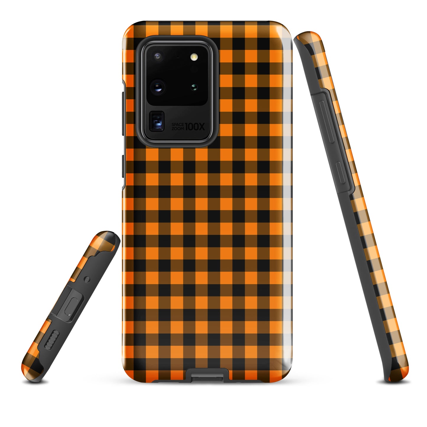 Black-and-orange gingham phone case for Samsung Galaxy with autumn theme design, showcasing stylish and durable craftsmanship.