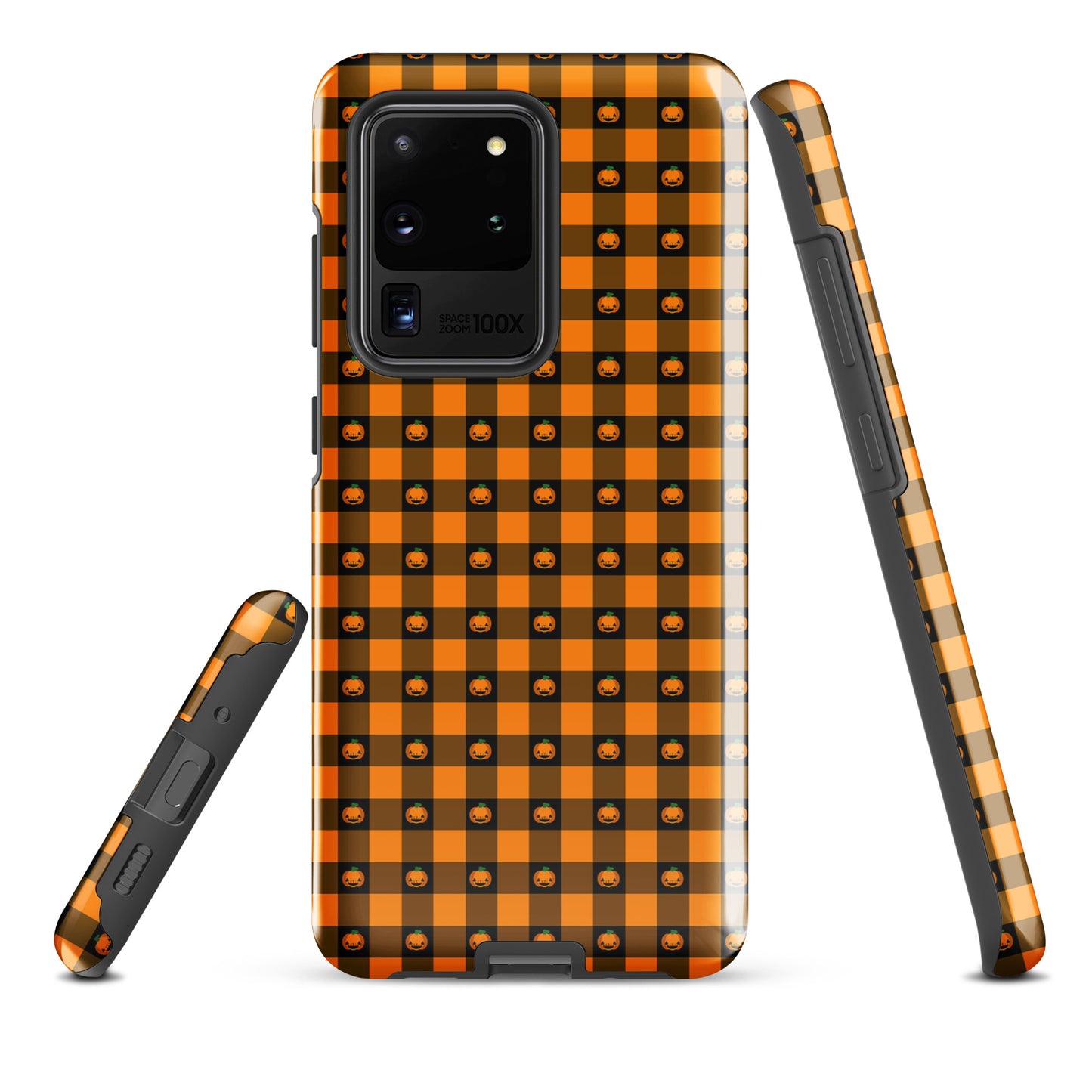 Phone Case for Samsung Galaxy with playful pumpkin gingham Halloween design, featuring jack-o’-lantern faces on a bold checkered pattern.