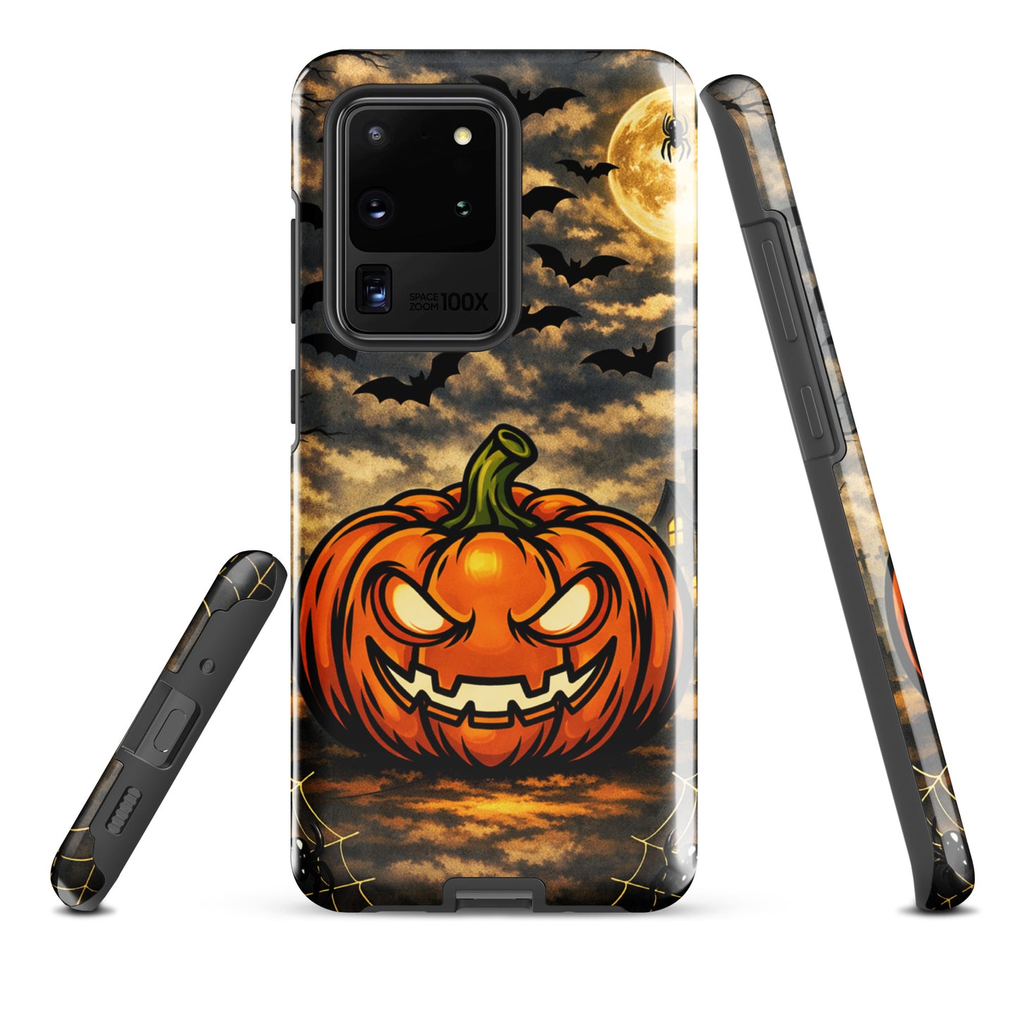 Phone Case for Samsung Galaxy with haunted pumpkin, moonlit clouds, bats, and a spooky Halloween scene.