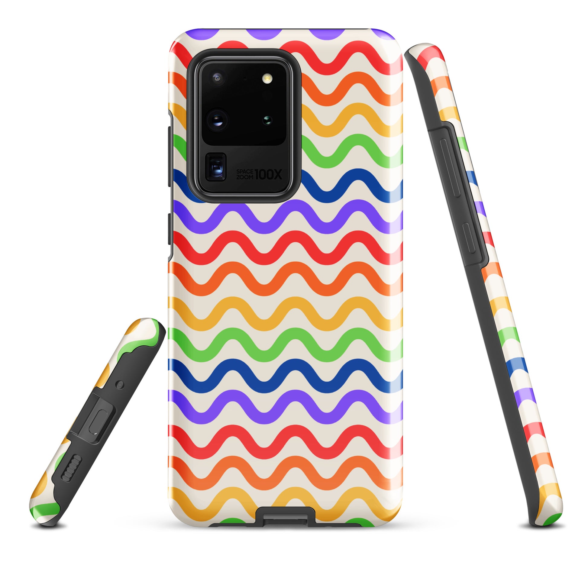 Phone Case for Samsung Galaxy with wavy rainbow pattern featuring purple, red, orange, yellow, green, and blue design for playful protection.