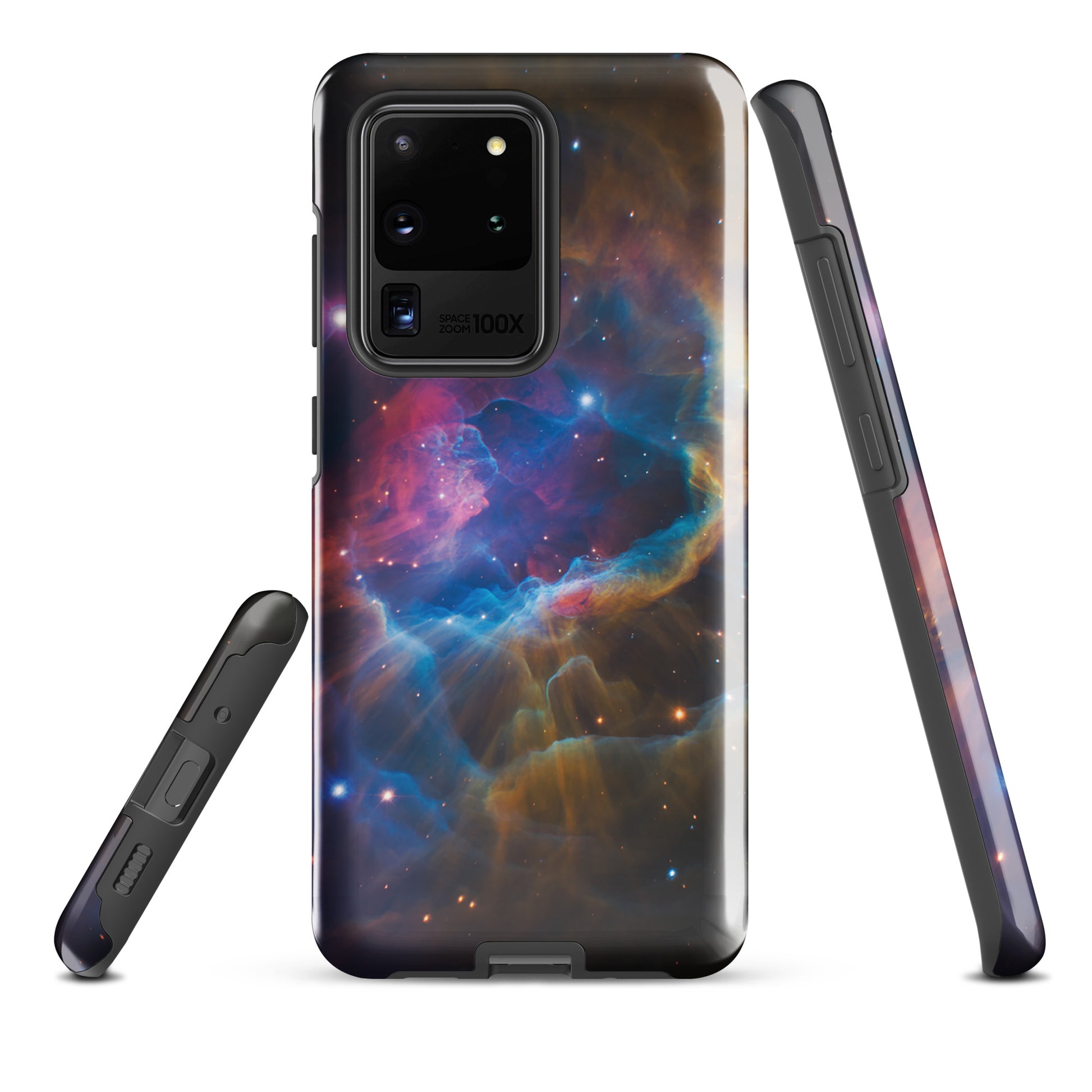 Phone Case for Samsung Galaxy featuring a vibrant nebula cosmic dreamscape design in electric blues and fiery oranges.