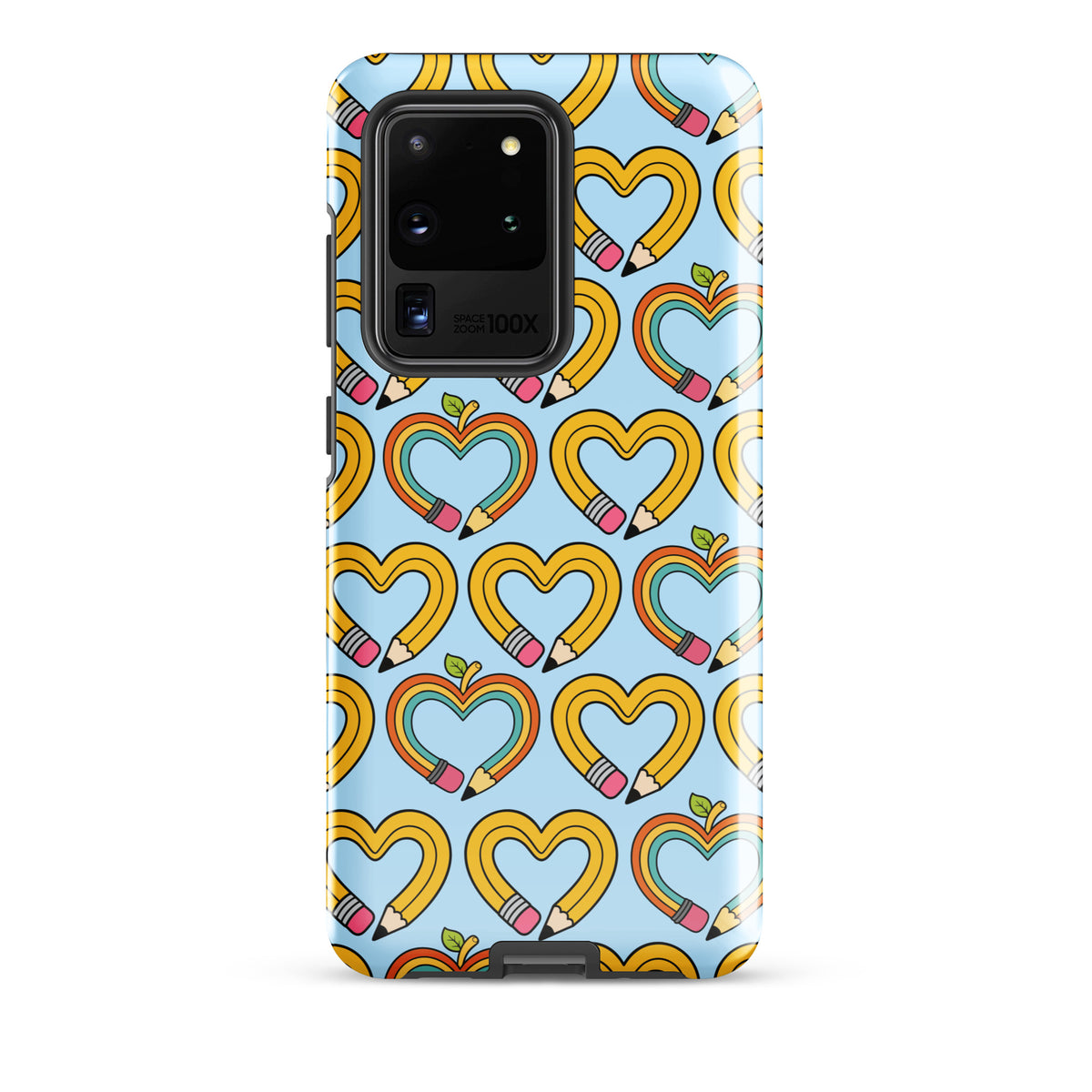Phone Case with playful pencil-heart pattern, featuring pencils forming heart shapes with green leaves. Perfect for Samsung Galaxy.