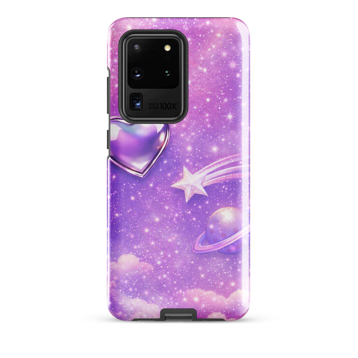 Phone Case for Samsung Galaxy featuring cosmic heart, shooting star, ringed planet, and twinkling stars against pastel clouds.