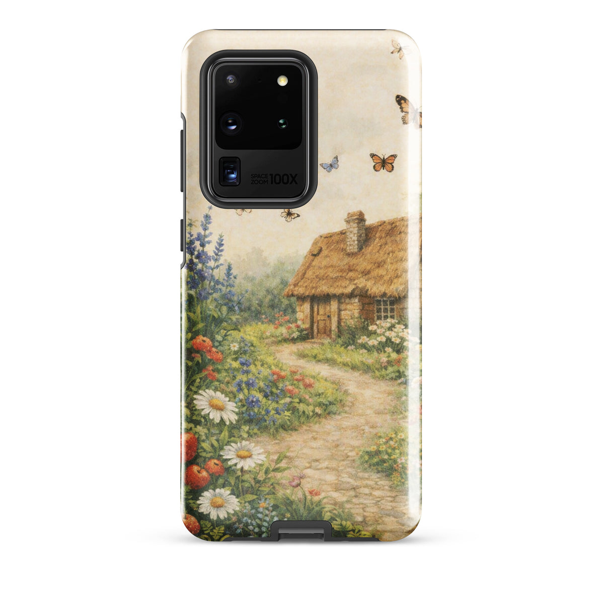 Phone Case for Samsung Galaxy with cottage garden art design, featuring a thatched-roof cottage and vibrant flowers against a cream background.