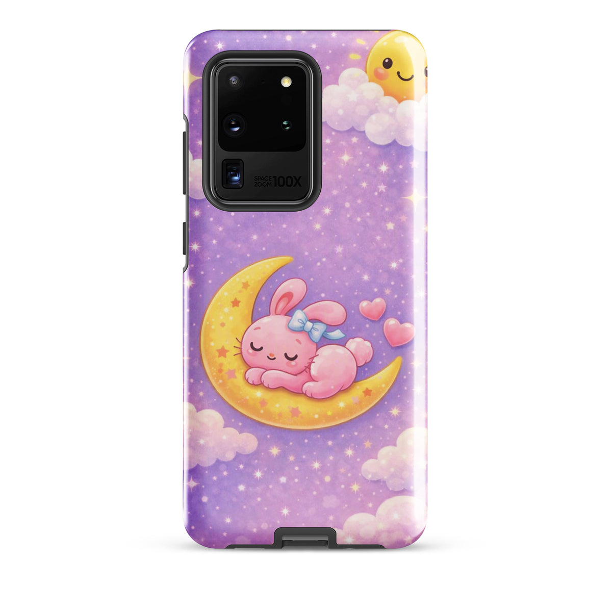 Phone Case for Samsung Galaxy - Cute, Cozy, Dreamy Bunny Moon Design with sleepy pink bunny on crescent moon and stars.