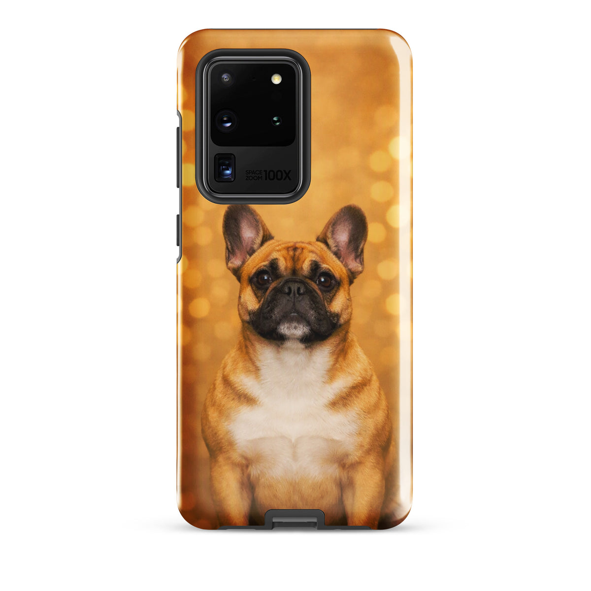Phone Case for Samsung Galaxy featuring French Bulldog portrait with golden bokeh background, adds charm and whimsy to your device.