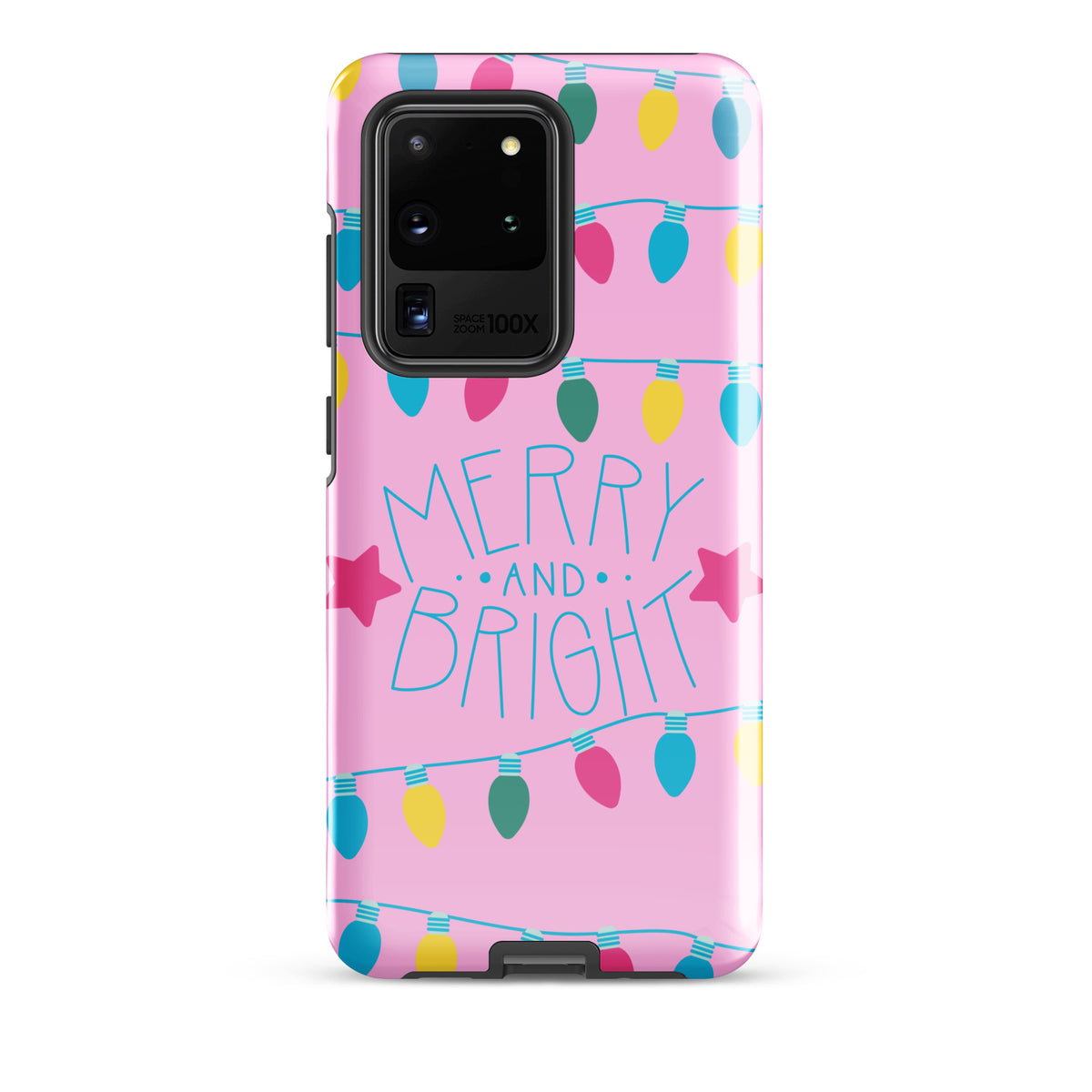 Phone Case for Samsung Galaxy with colorful holiday lights and 'Merry and Bright' text on a pink background.