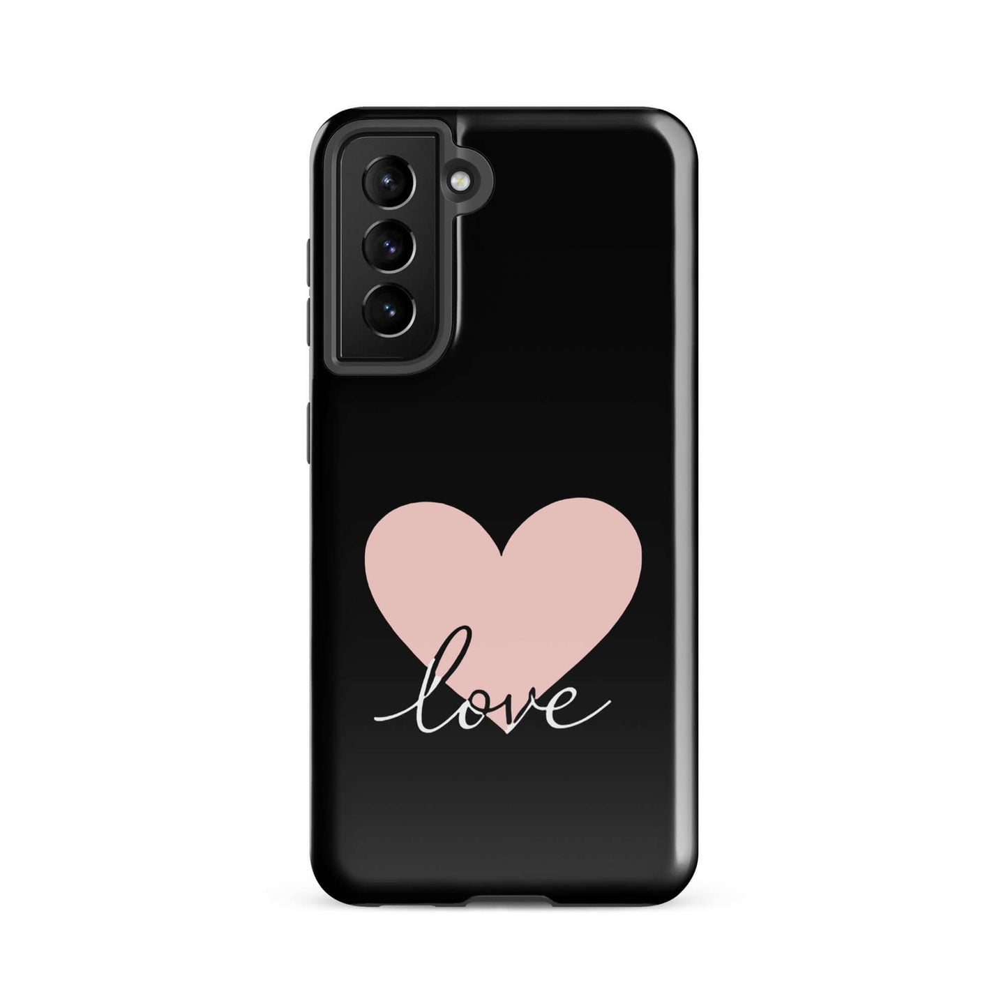 Phone Case Samsung Galaxy featuring a pink heart and script 'love' design on a black background.