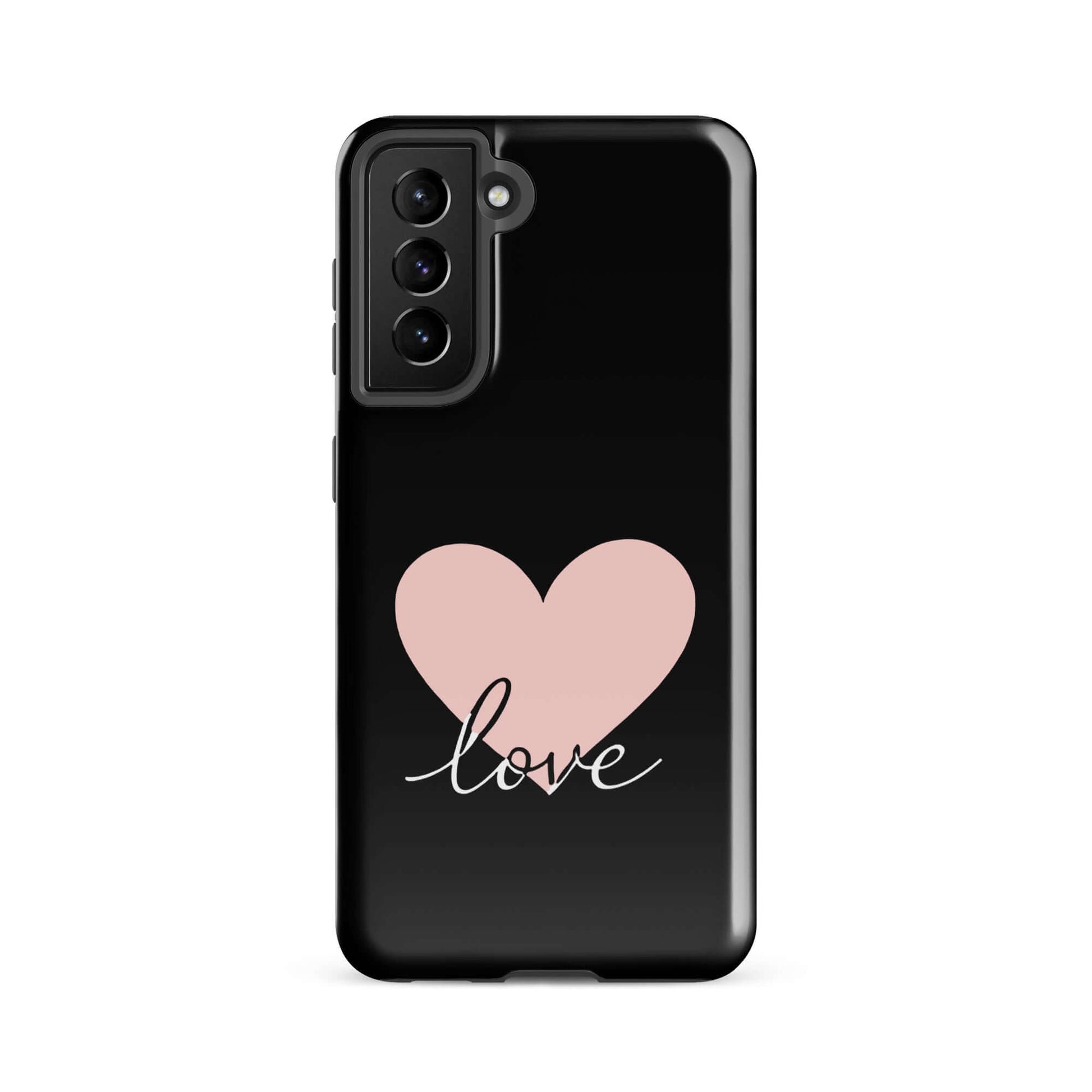 Phone Case Samsung Galaxy featuring a pink heart and script 'love' design on a black background.