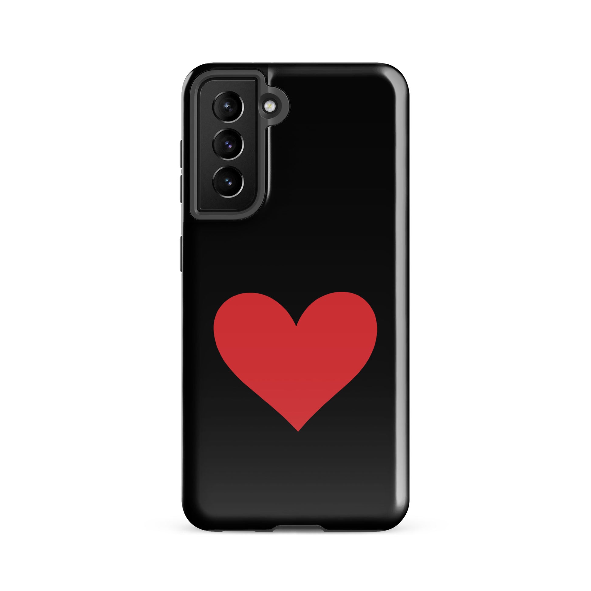 Phone Case for Samsung Galaxy with bold red heart design on a black background.