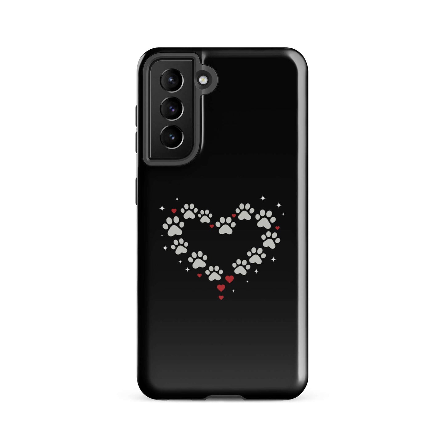 Phone Case for Samsung Galaxy featuring a paw-print heart design on a sleek black background.