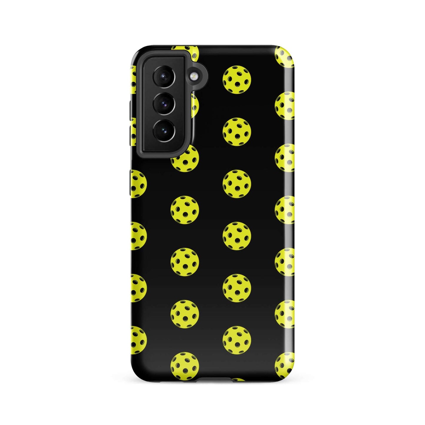 Phone Case for Samsung Galaxy featuring a playful pickleball pattern on a sleek black background.