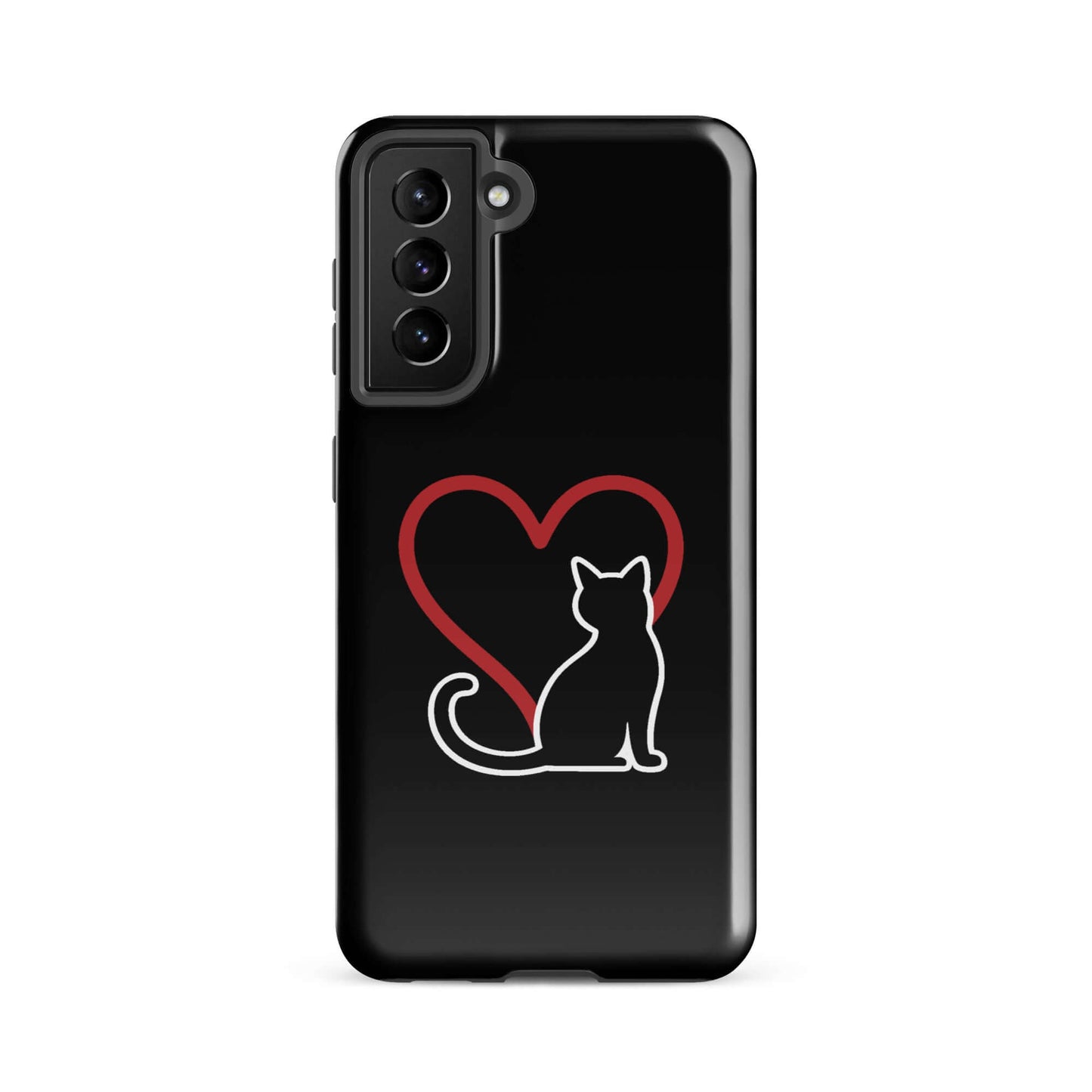 Phone Case for Samsung Galaxy featuring a minimalist black cat and red heart design, perfect for cat lovers.