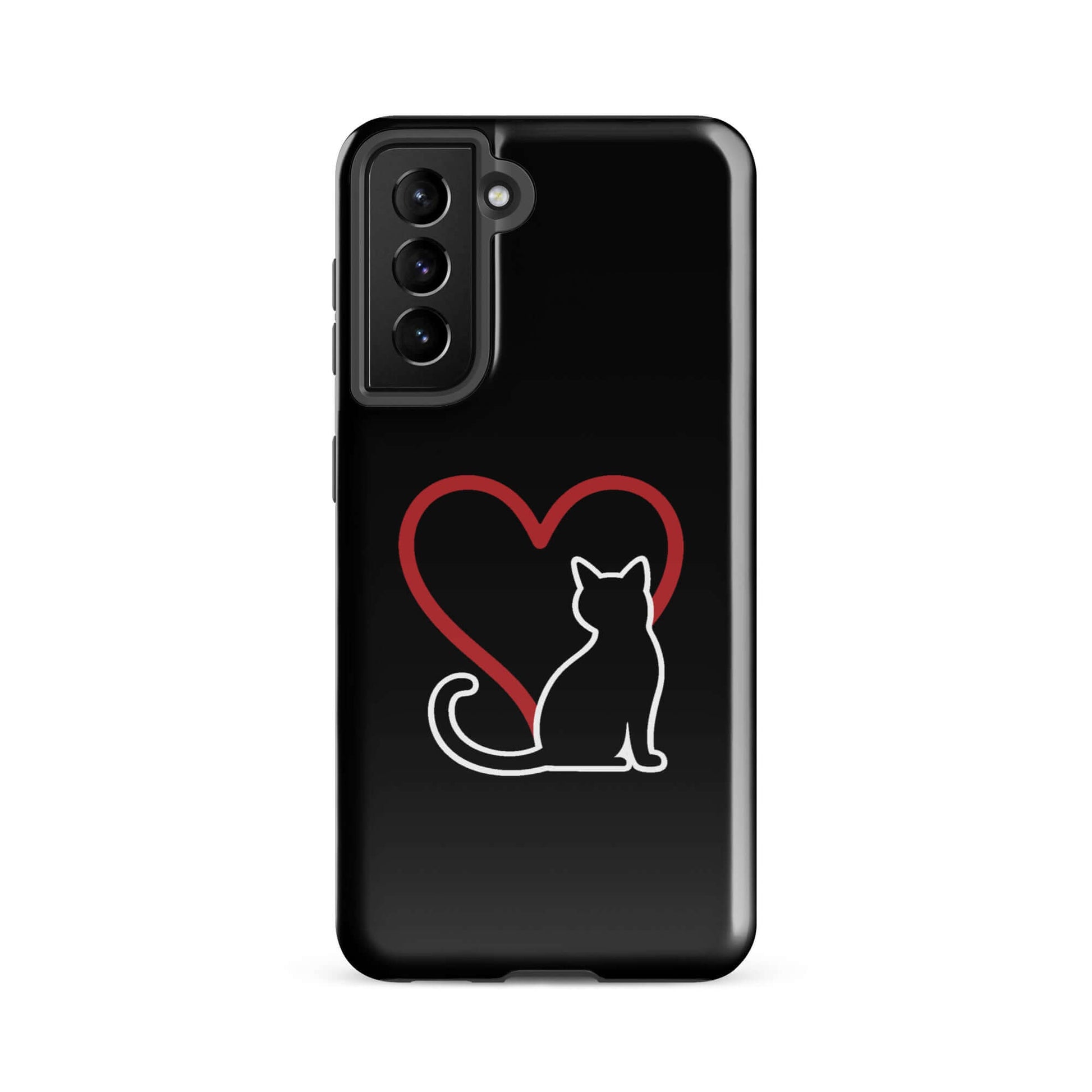 Phone Case for Samsung Galaxy featuring a minimalist black cat and red heart design, perfect for cat lovers.
