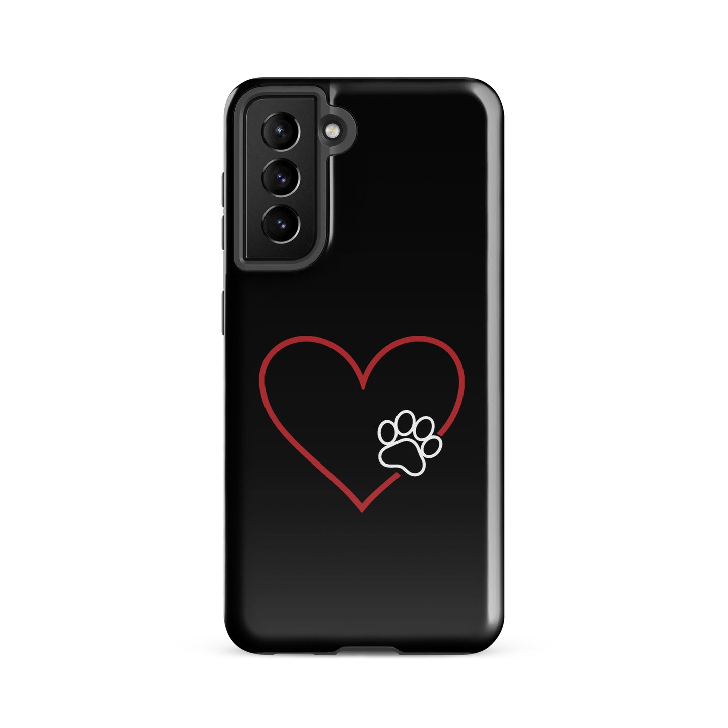 Phone Case for Samsung Galaxy with heart and paw print design, black background, premium protection, pet lover gift.