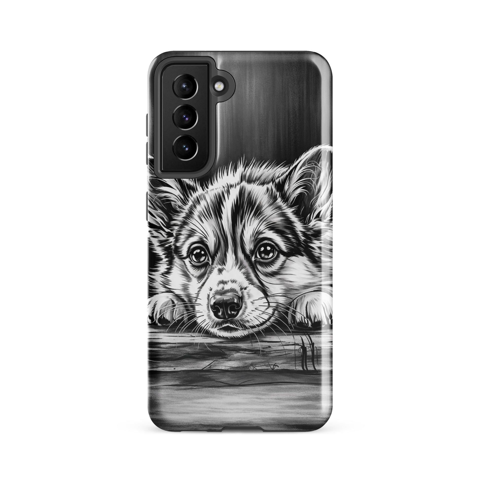 Phone Case for Samsung Galaxy featuring elegant puppy art in black and white, with premium protection and charming design for elegance lovers.