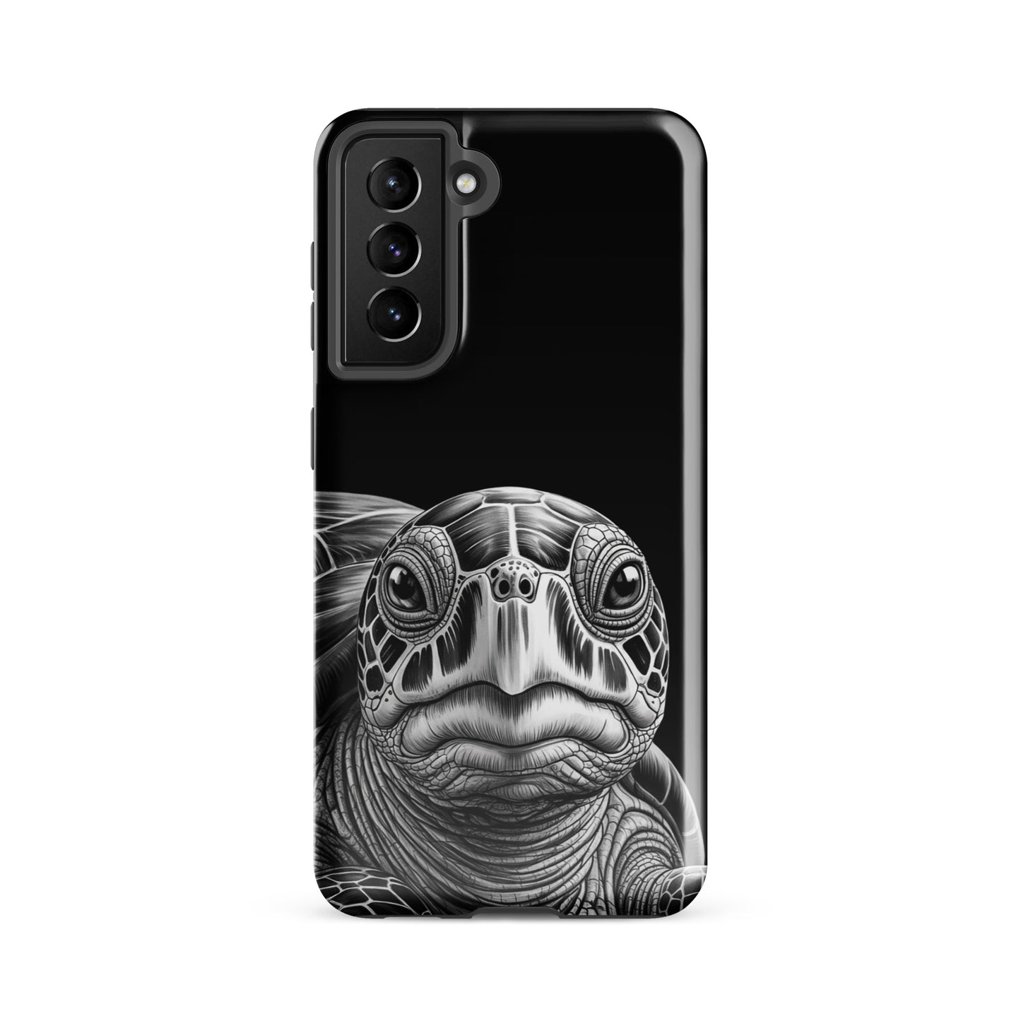 Phone Case for Samsung Galaxy featuring a detailed black-and-white sketch of an ancient sea turtle with intricate shell on a black background.