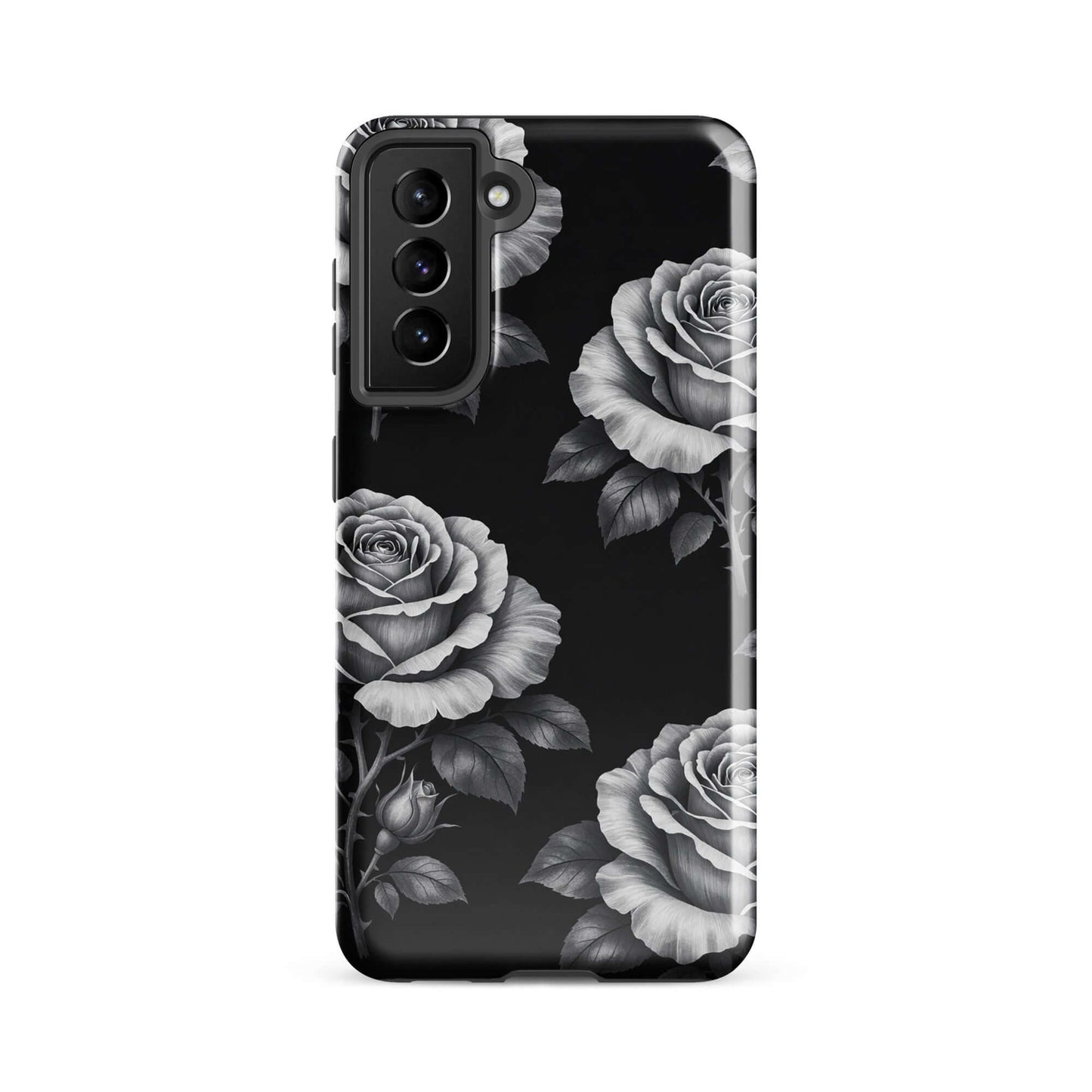 Phone Case for Samsung Galaxy with a rose garden design on a black background, featuring elegant hand-sketched roses and leaves.