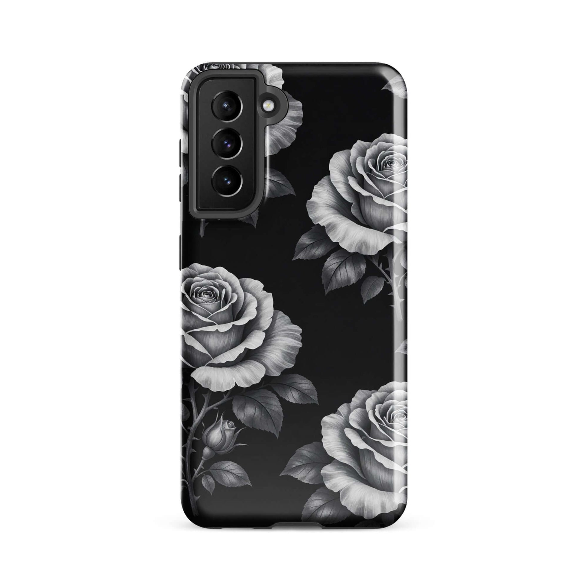 Phone Case for Samsung Galaxy with a rose garden design on a black background, featuring elegant hand-sketched roses and leaves.