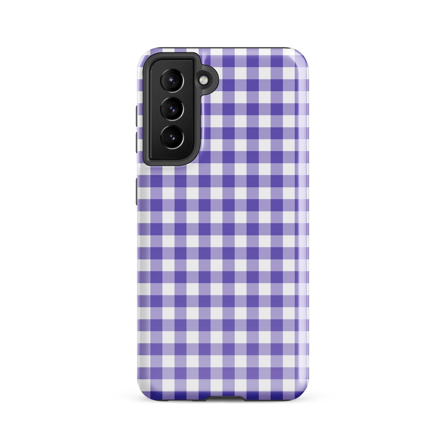 Phone case with purple-and-white gingham pattern for Samsung Galaxy, blending style and durability in a chic design.