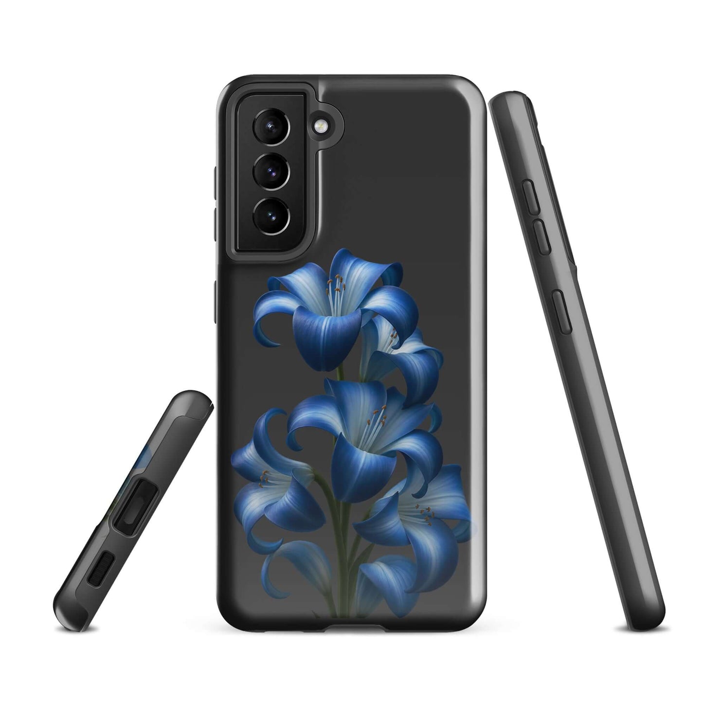 Phone Case for Samsung Galaxy with Blue Lily Bloom Art, featuring vibrant blue lilies on a sleek dark design for stylish protection.