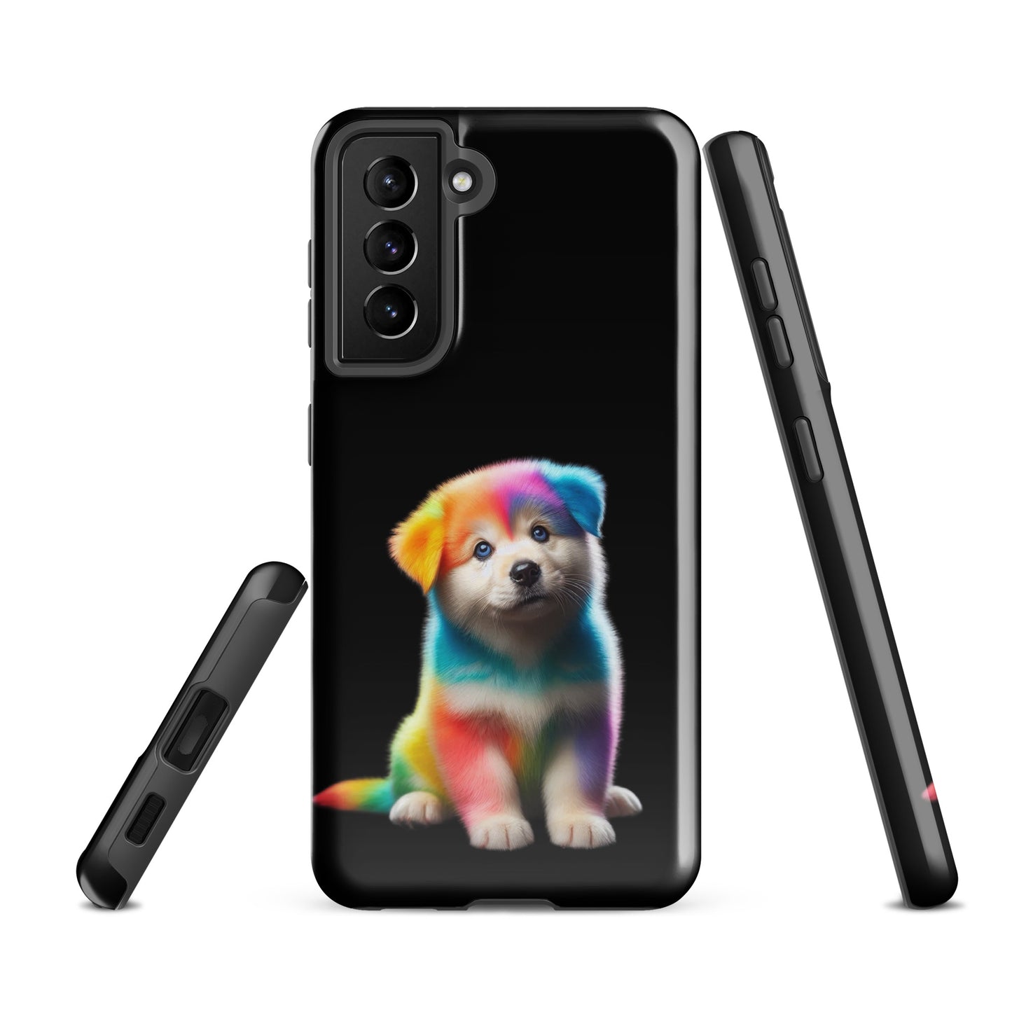 Phone Case for Samsung Galaxy featuring rainbow puppy design on a dark night sky background, vibrant colorful pet art with cosmic charm.