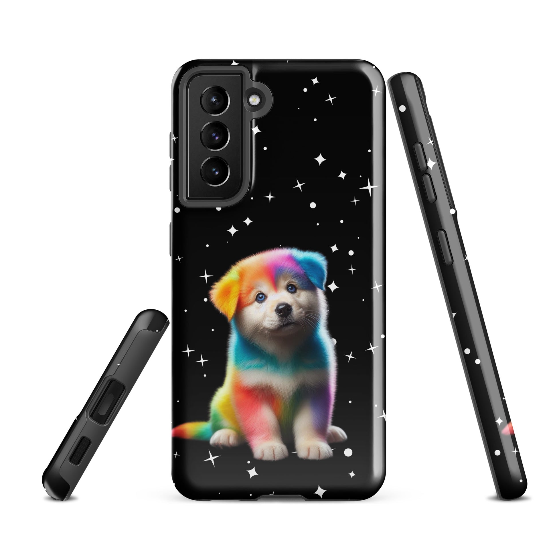 Phone Case for Samsung Galaxy featuring a rainbow puppy and starry night design, combining bold color with cosmic sparkle for style and protection.