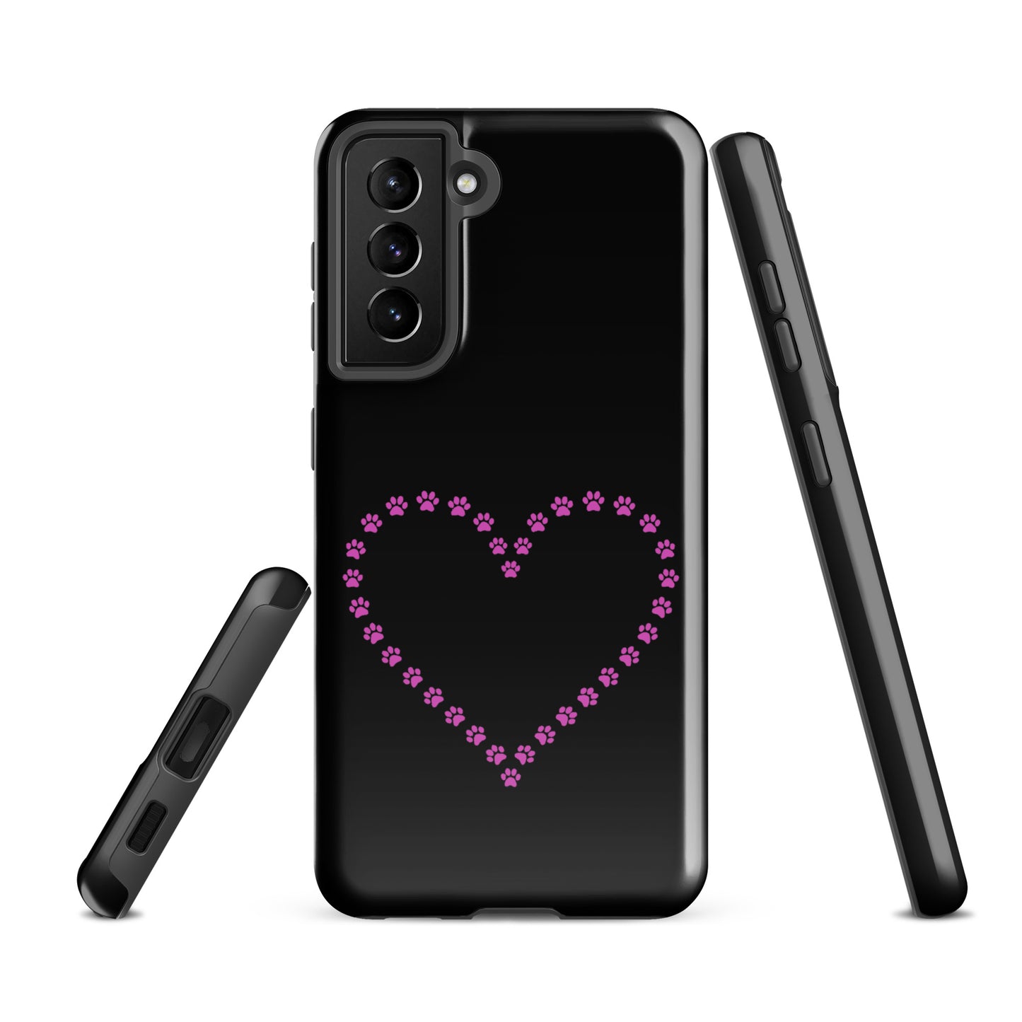 Phone Case for Samsung Galaxy with black and pink paw print heart design, perfect for pet lovers and durable protection.