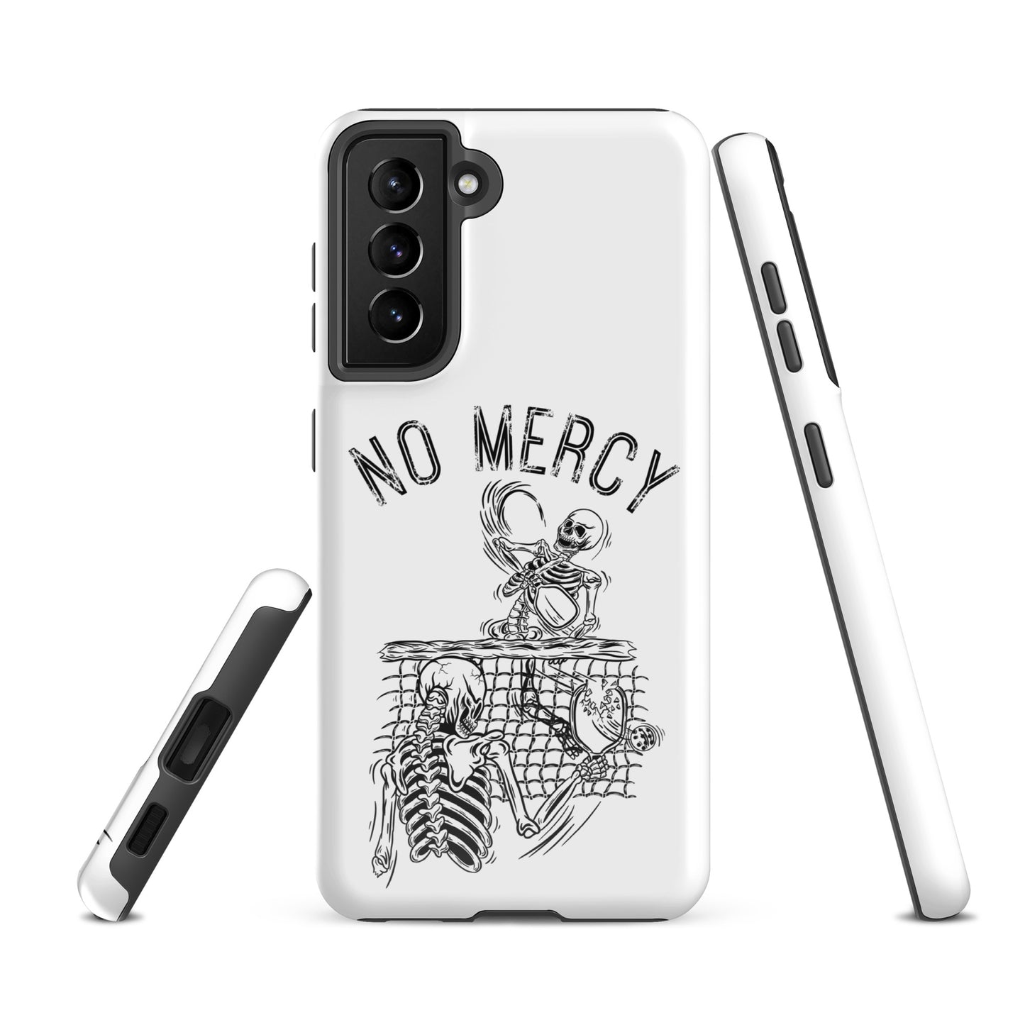 Pickleball Samsung Galaxy case with "No Mercy" skeleton design, aggressive style for devoted players.