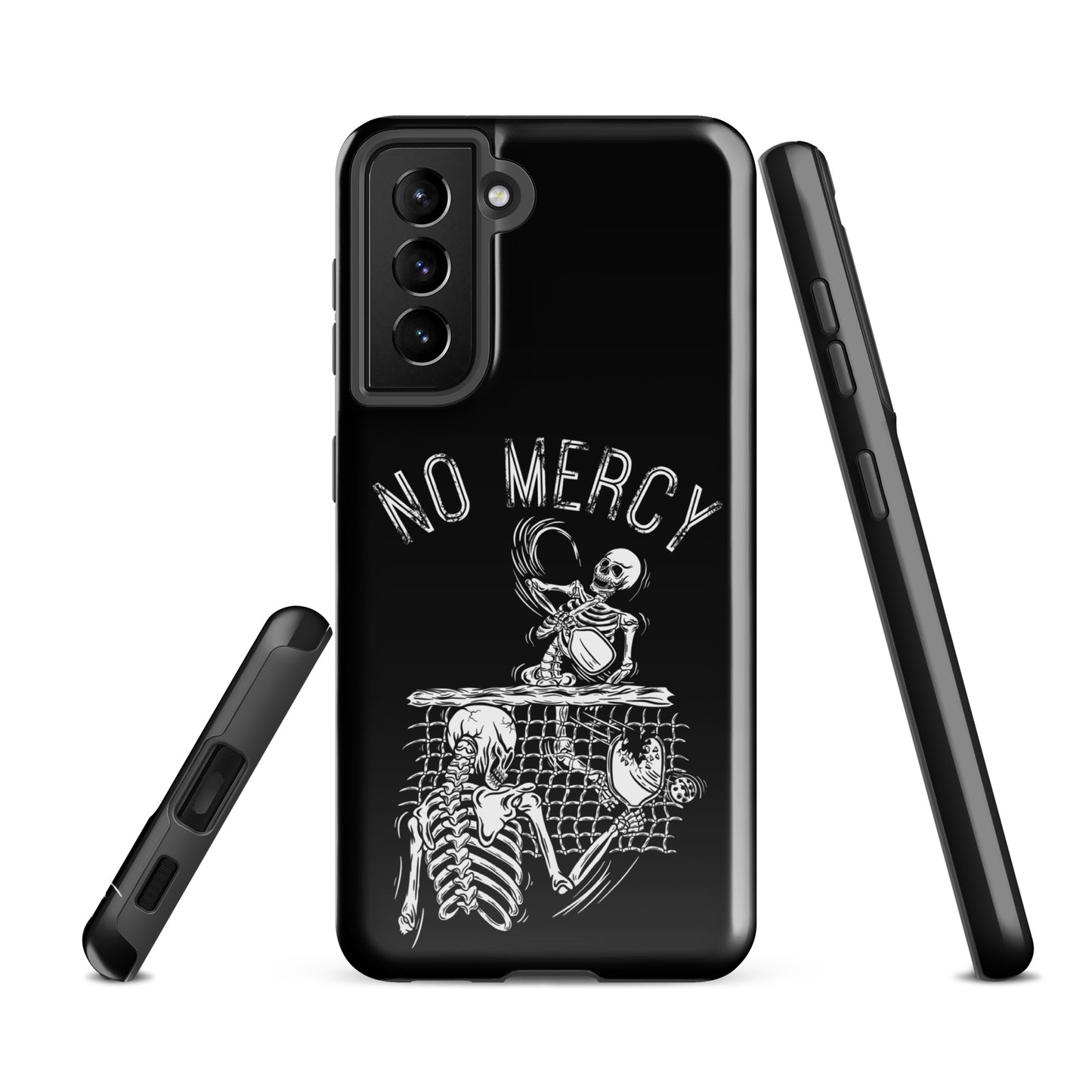Pickleball Samsung Galaxy case with "No Mercy" skeleton design, ideal for aggressive players seeking stylish phone protection.