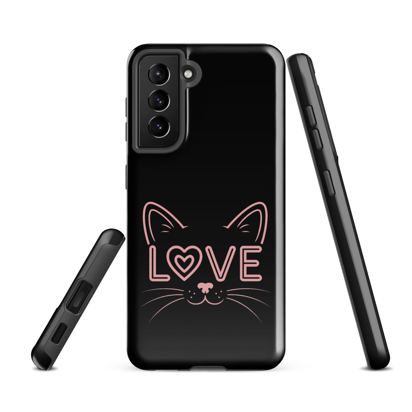 Cat Love phone case for Samsung Galaxy featuring minimalist cat face design with 'love' text, stylish and protective.