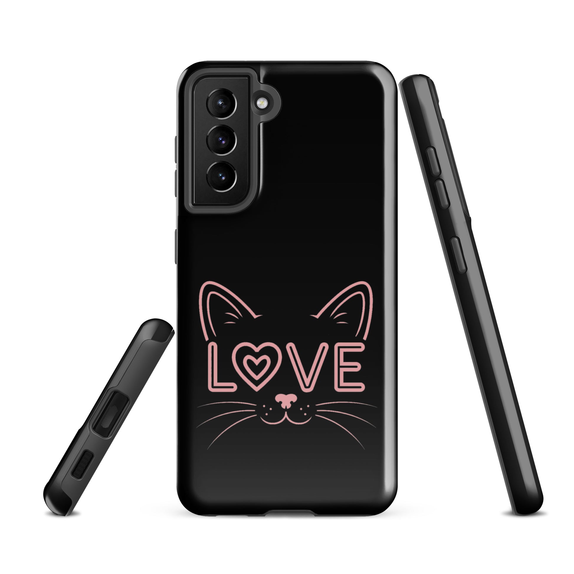 Cat Love phone case for Samsung Galaxy featuring minimalist cat face design with 'love' text, stylish and protective.