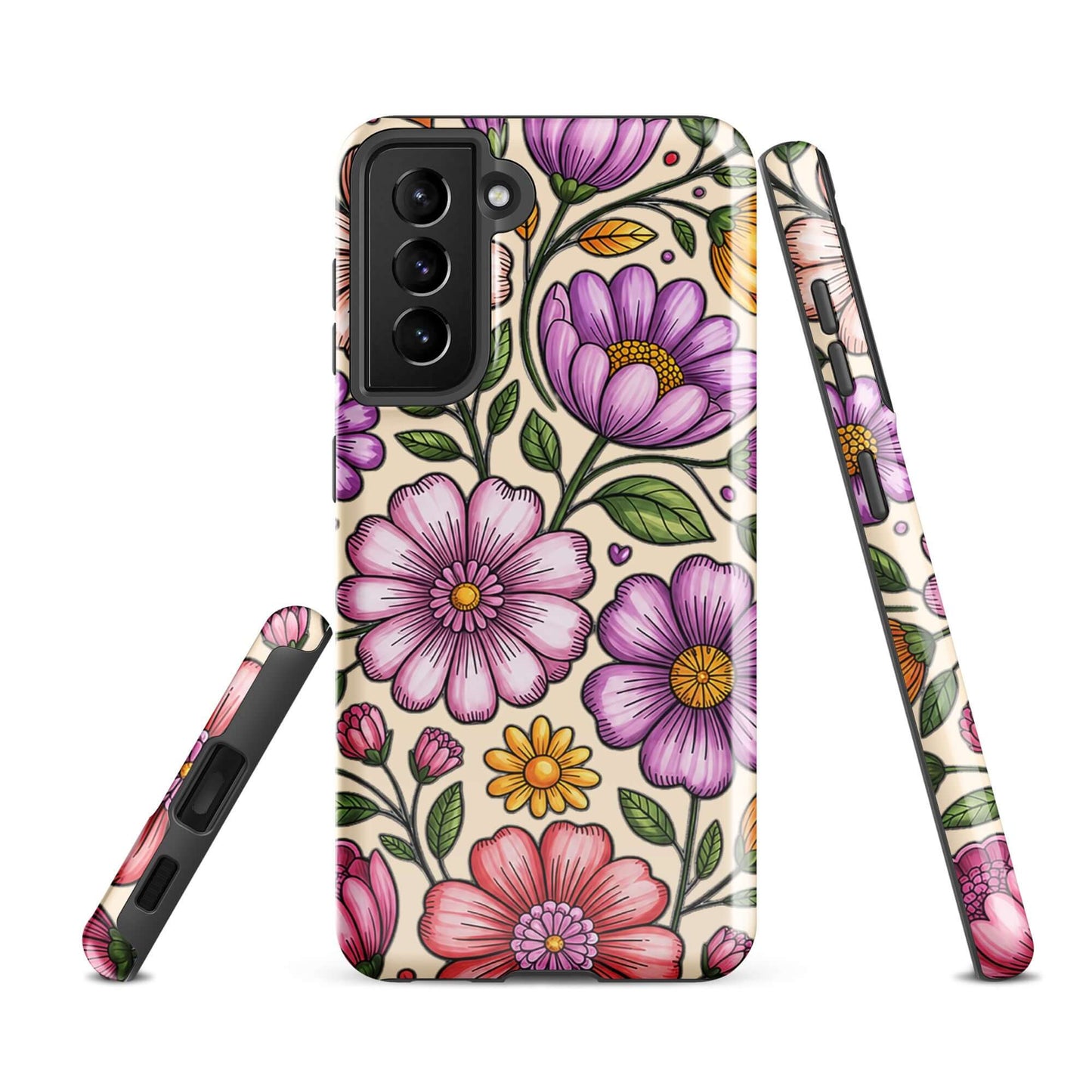 Phone Case for Samsung Galaxy with pastel floral design featuring pink, peach, lavender, and yellow flowers on a deep background.
