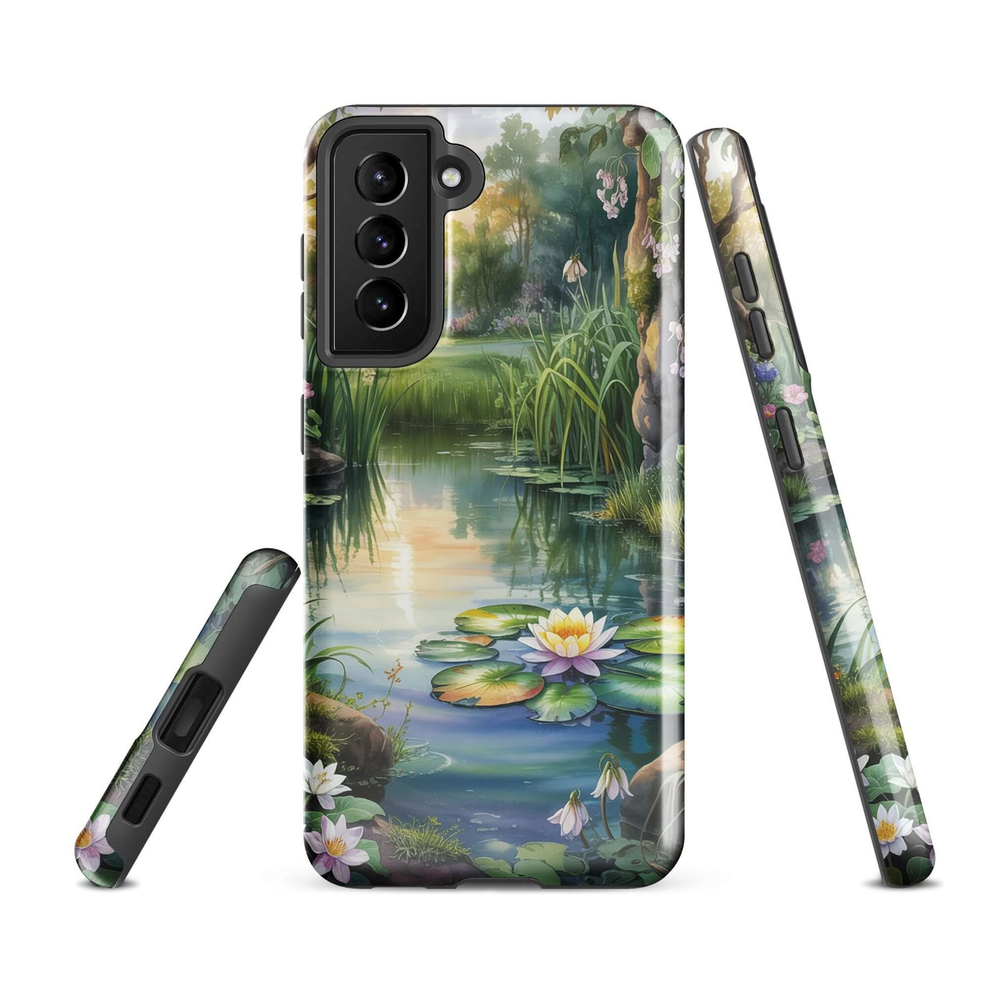 Phone Case for Samsung Galaxy featuring enchanted pond with lily pads and serene scenery design.