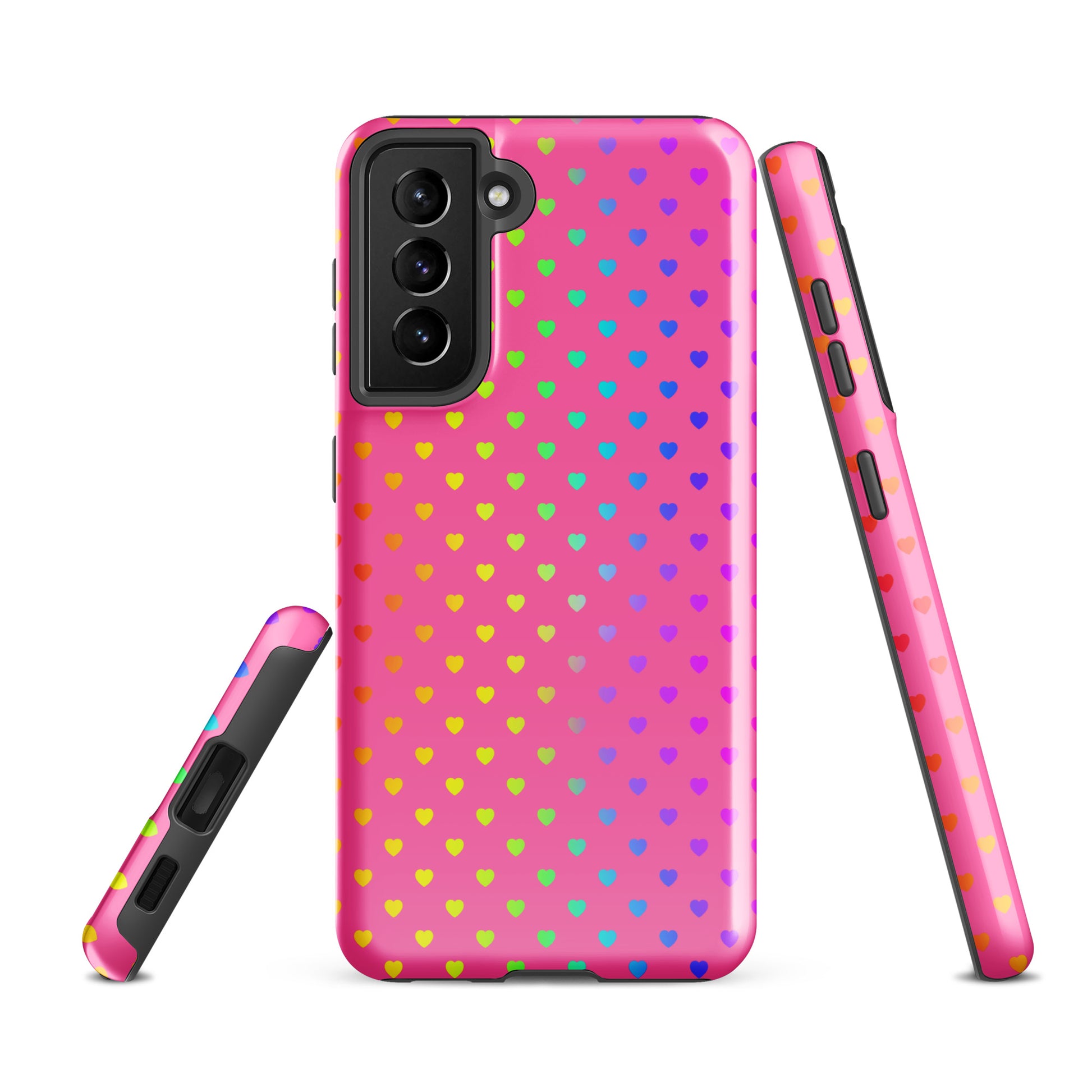 phone case for Samsung Galaxy with cute rainbow hearts on pink background, colorful and playful design