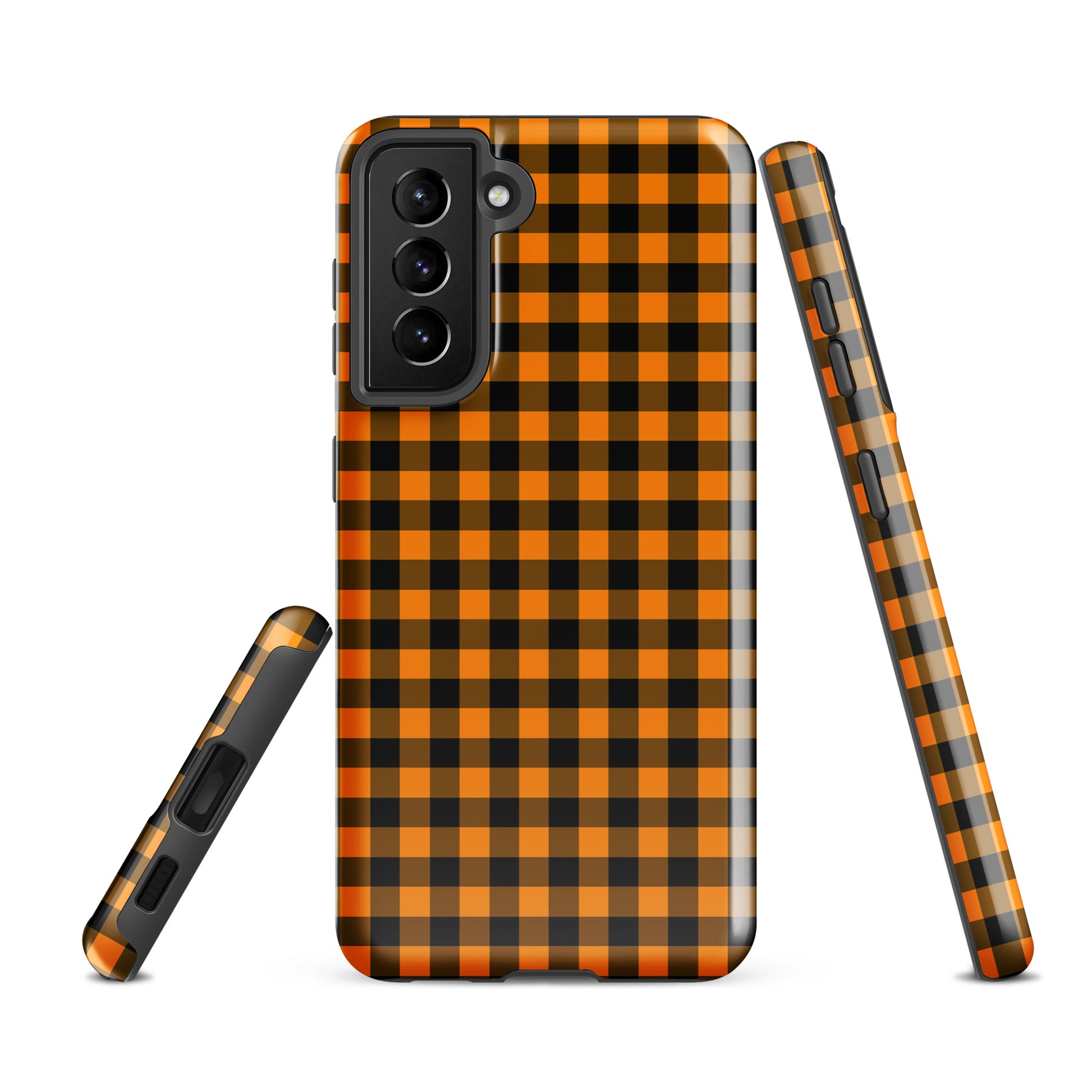 Black-and-orange gingham phone case for Samsung Galaxy, autumn theme, stylish and durable accessory.